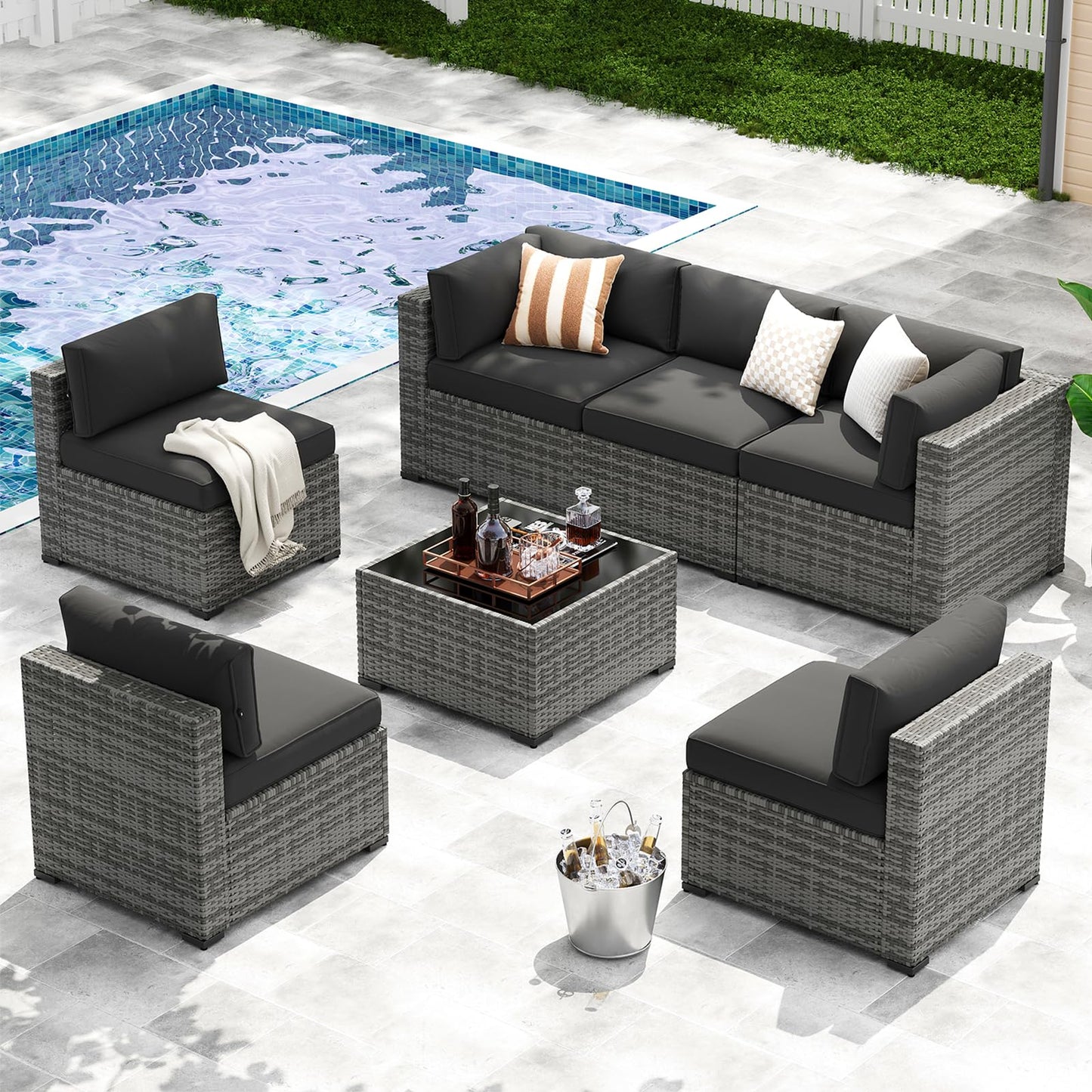 LazySunsets 7-Piece Patio Furniture Set, Wicker Rattan Outdoor Furniture with Thick Cushions, Patio Conversation Sets with Coffee Table, Outdoor Sectional Couch Sofa with Waterproof Cover, Black