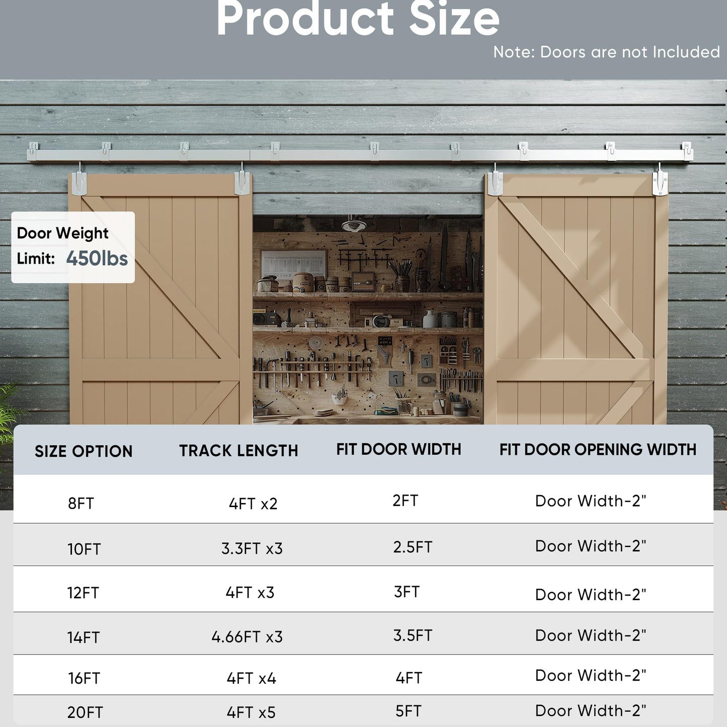 JUBEST 14FT Box Rail Exterior Barn Door Hardware Kit, Heavy Duty Sliding Door Track Kit Wall Mount Door Hardware Kit for Two Doors System(Doors Not Included), Silver