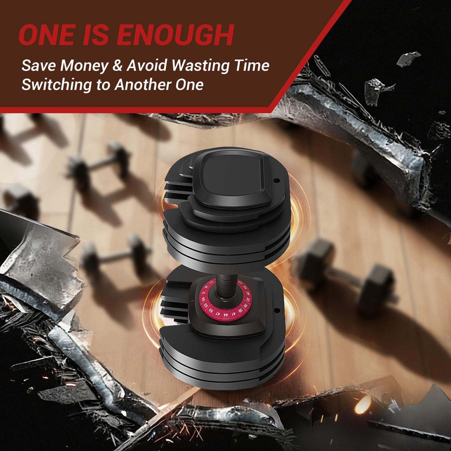 PeacefulHues 56LB Adjustable Dumbbell Set 1PC – Fast Adjust 18-in-1 Free Weights – Non-Slip Handle – Compact, Space-Saving Home Gym Strength Training Equipment for Men & Women – Full Body Workout, Red and Black