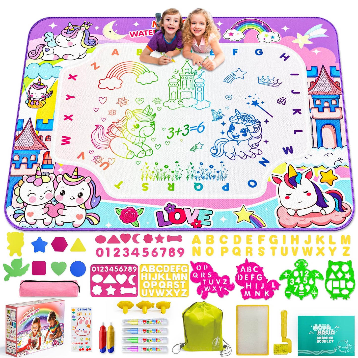 Water Doodle Mat,40 x 32 Inch Large Drawing Mat with Backpack,Educational Toys Gifts for Kids Boys Girls,Mess Free Painting for Toddlers Age 2 3 4 5 6 7 8 Year Old