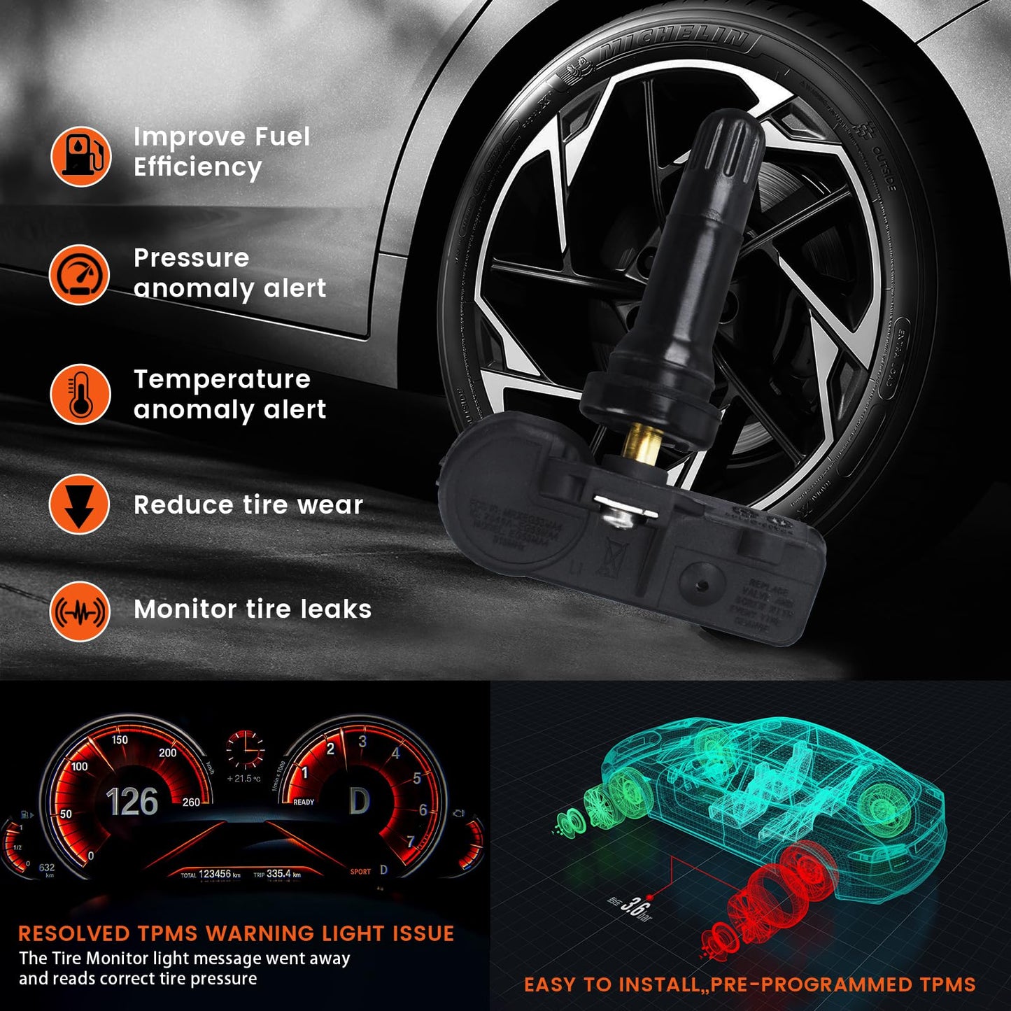 ATURMC Set of 4 TPMS Sensor Tire Pressure Monitoring Sensor 315MHz Compatible with Subaru Lion Outback B9 Chipeng OEM - Replaces# 28103AG00A