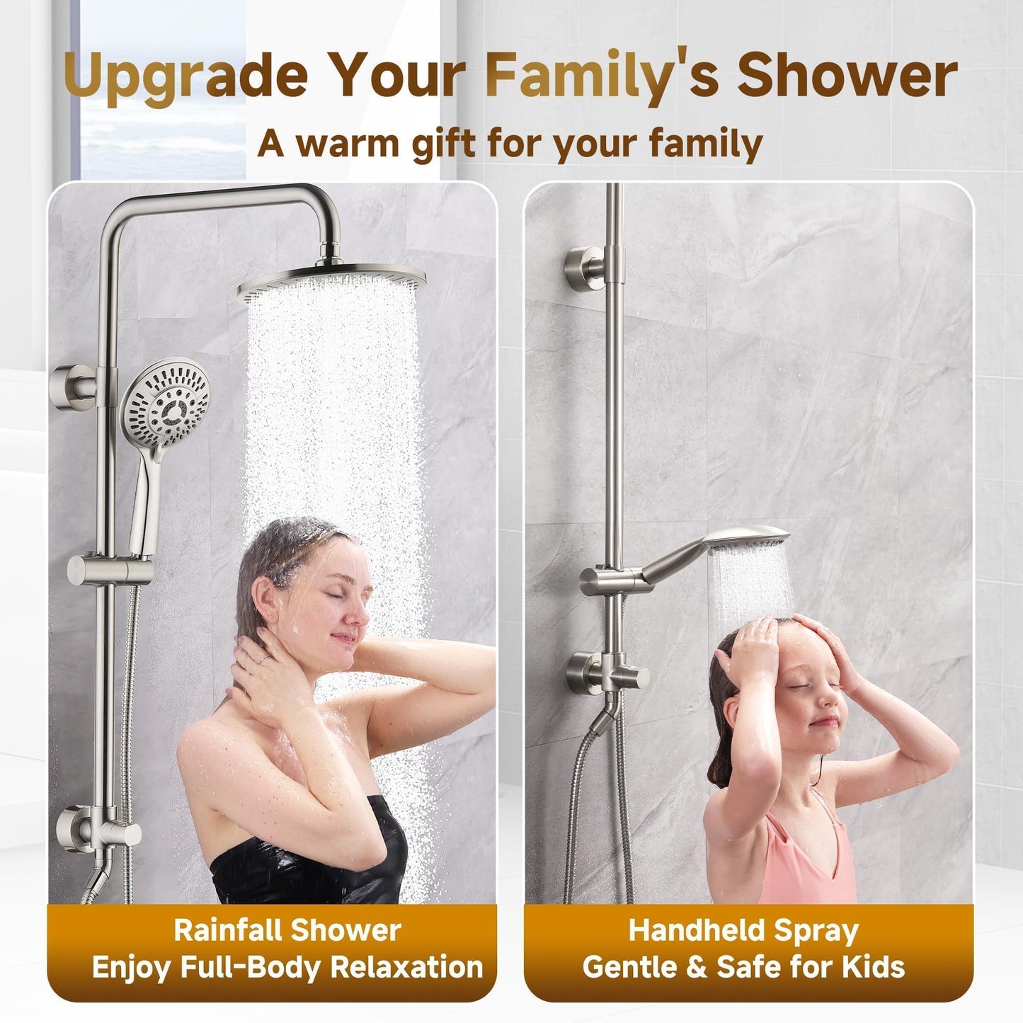 BRIGHT SHOWERS Rain Shower Heads System - 9 Inch Rainfall Shower Head and Handheld Shower Head with Height Adjustable Holder, Solid Brass Rail and 60" Long Stainless Steel Shower Hose, Brushed Nickel