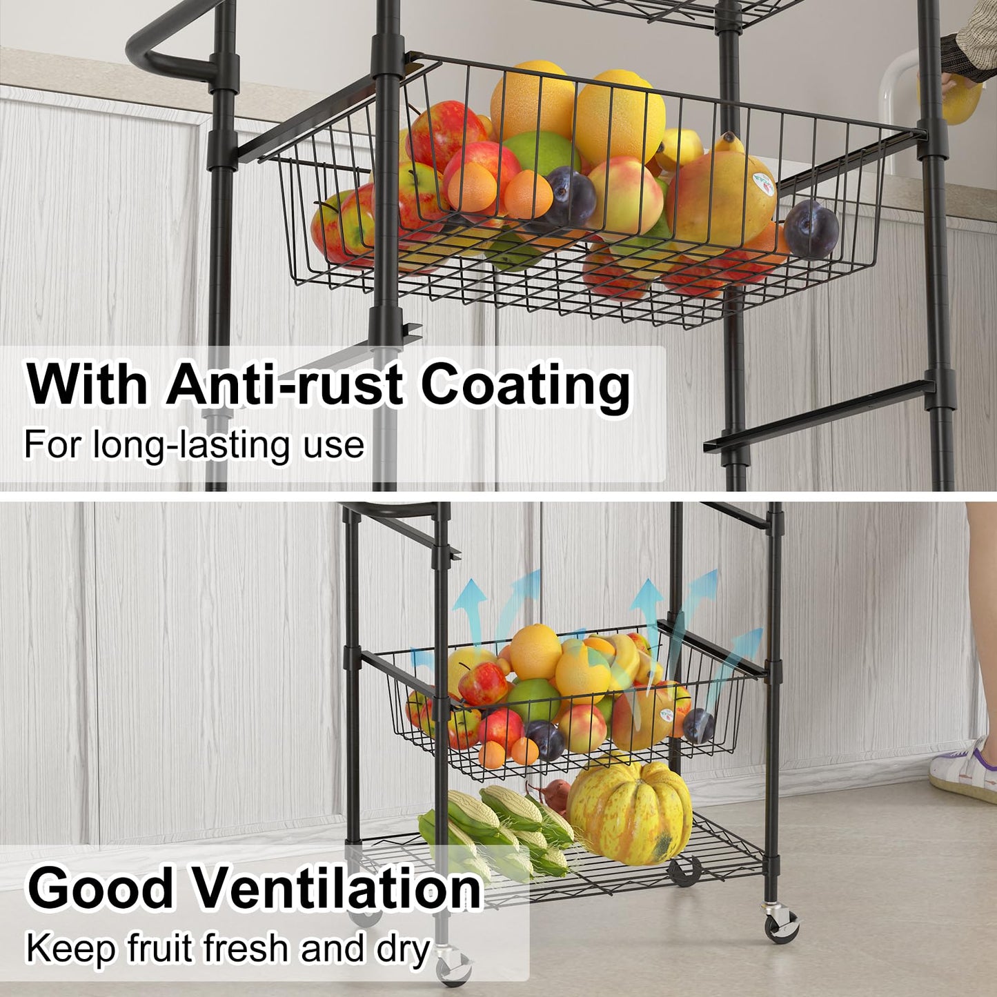 LinTimes 4 Tier Rolling Cart, 110 LB Capacity, Locking Casters & Handle Bar, Wire Storage Rack for Kitchen, Restaurant, Garage, Black