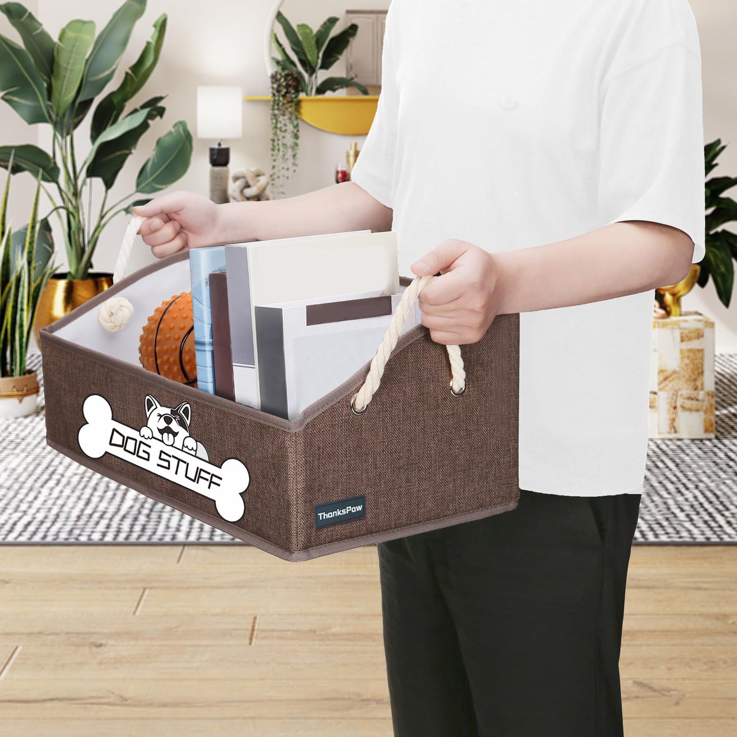 Thankspaw Collapsible Fabric Dog Toy Box and Storage Bin With Handle - Trapezoid Basket Chest Organizer for Pet Toys, Blankets and Accessories,Coffee