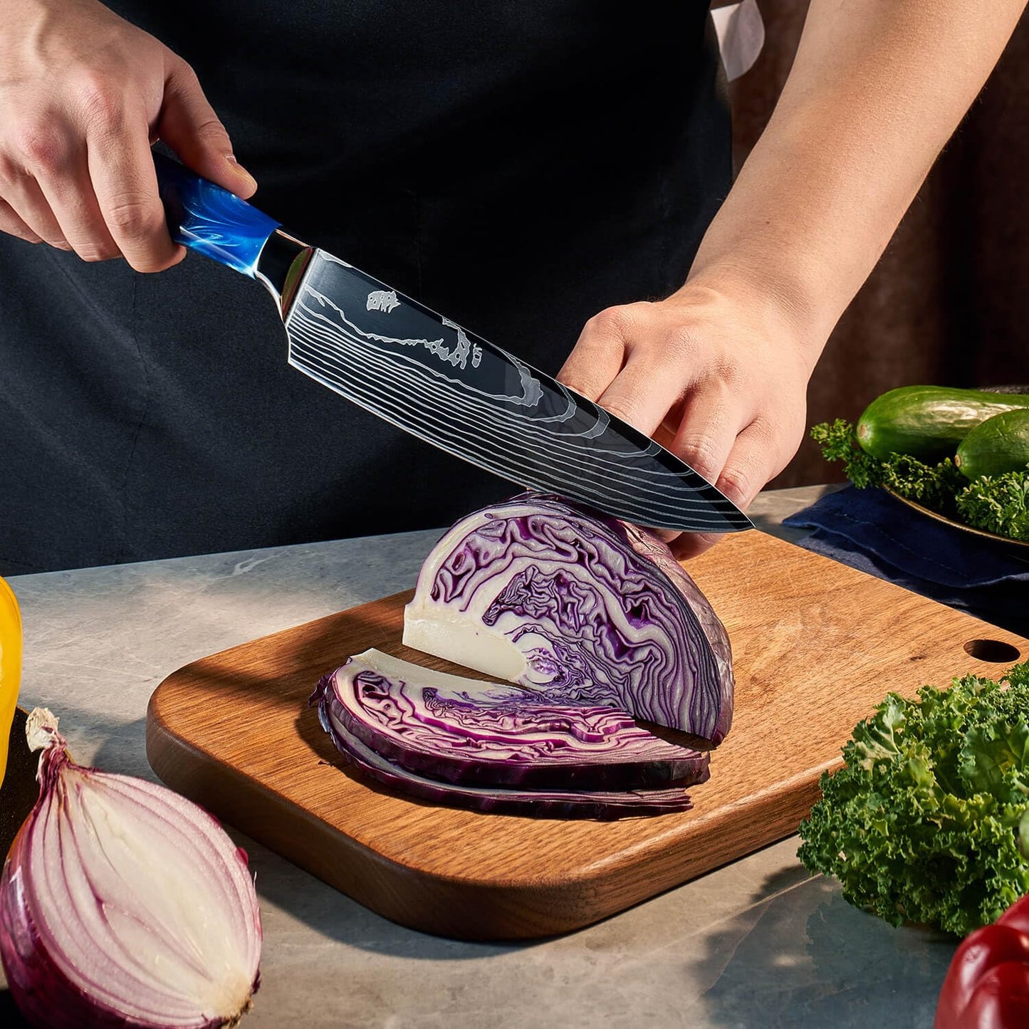 SENKEN 8-Piece Japanese Knife Set - Blue Resin Handle, Laser Damascus Blades - Chef's, Santoku, Bread & Paring Knives