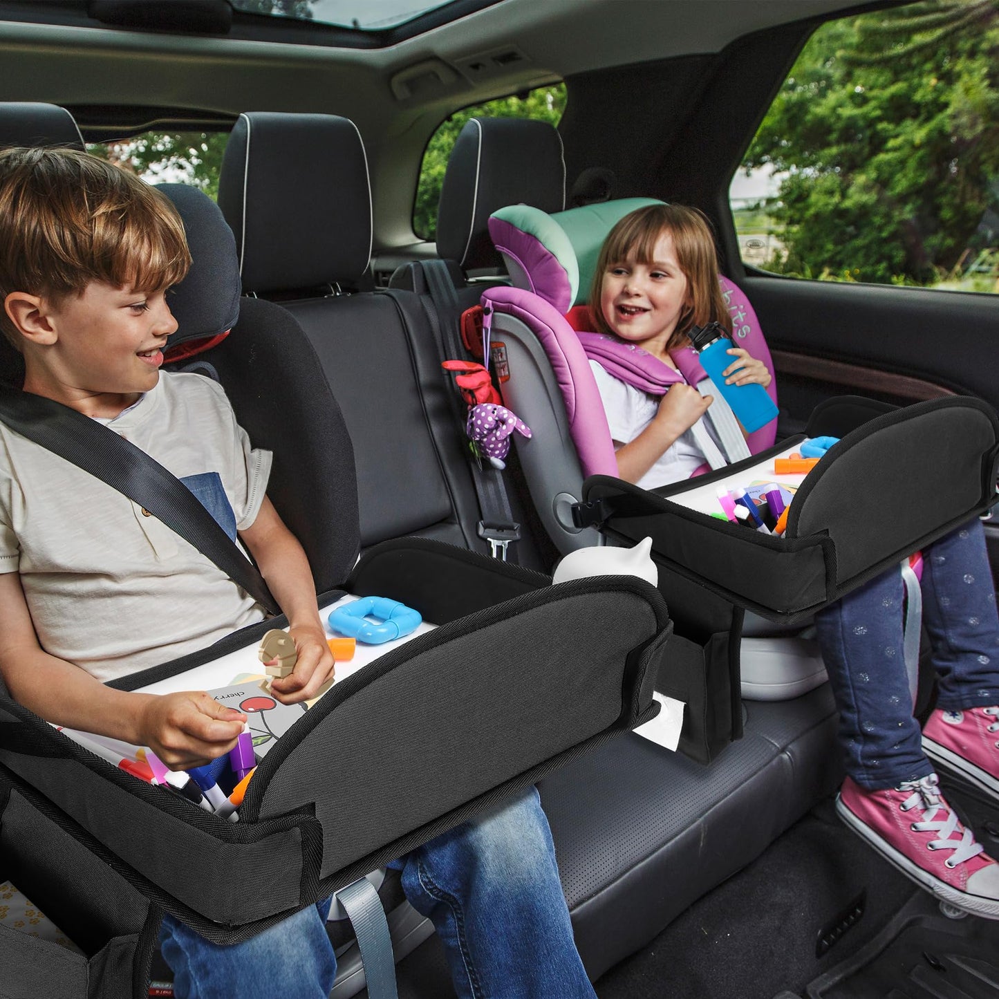 WENRENER Kids Travel Tray for Car Seat, Toddler Road Trip Essentials With Drawing Kit, Travel Activities Must Haves (Black)