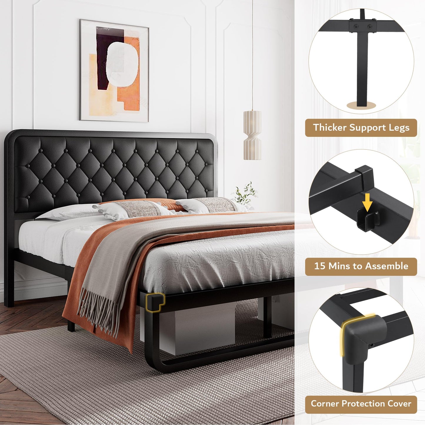 iPormis Queen Bed Frame with Headboard Faux Leather Upholstered Bed Frame Platform, All Metal Slats Support Platform Bed Frame with 12" Under Bed Space, Noise Free, No Box Spring Needed, Black