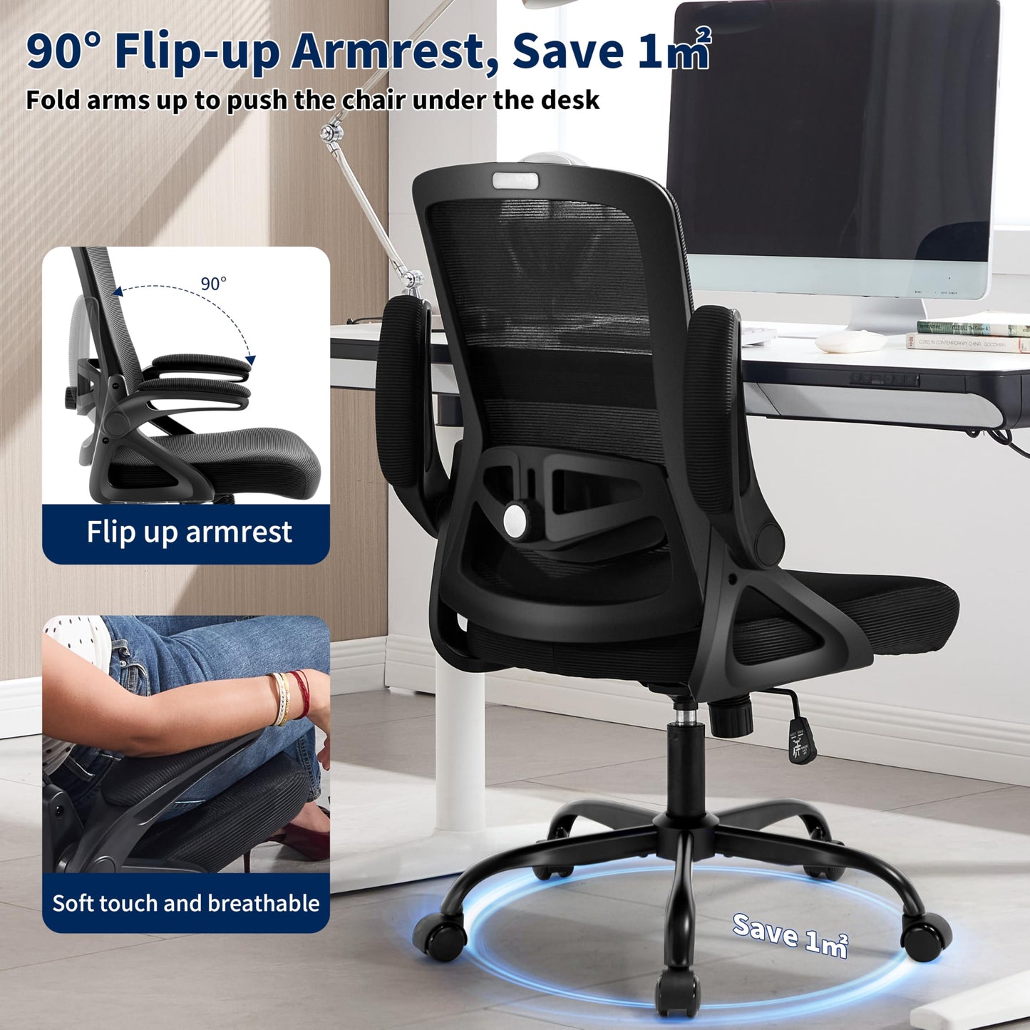 Nexthro Ergonomic Office Chair, Desk Chair with Adjustable Lumbar Support, Breathable Mesh Comfy Computer Chairs with Flip-up Armrests Executive Task Chair for Adults Home Office(Black)