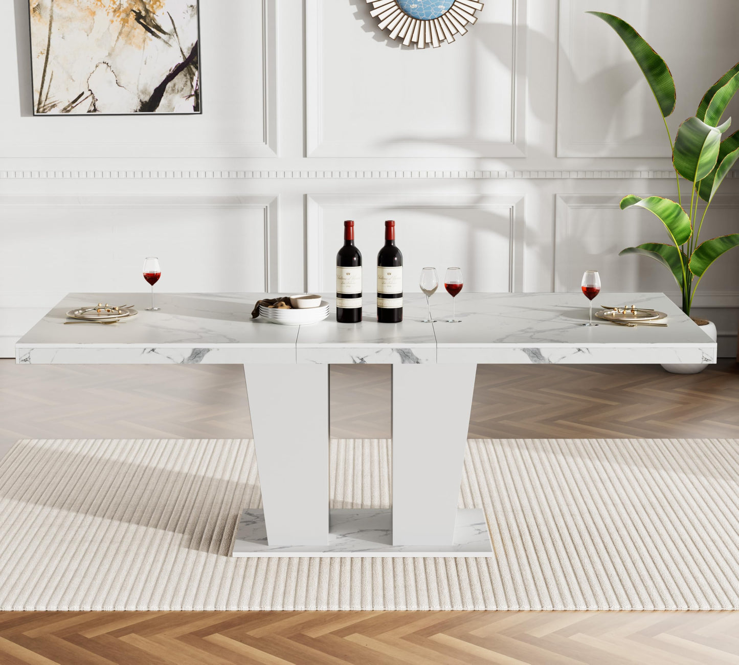 HomVent White Faux Marble Expandable Dining Table Set for 6, 63"-79" Extendable Dining Room Table Set with Velvet Nailhead Trim Chairs, Kitchen Table Chairs Set for Living Room