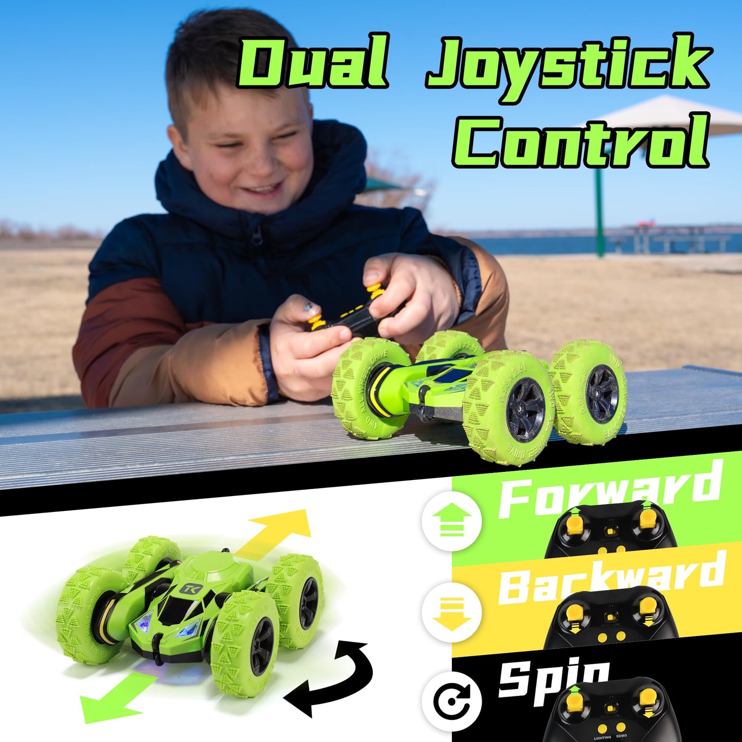 Threeking Remote Control Car RC Flip Stunt Double Sided Driving Cars Toys for Boys Girls Ages 6-12, 4WD 360° Flips with Breathing Soft Lights, Presents Gifts, Green