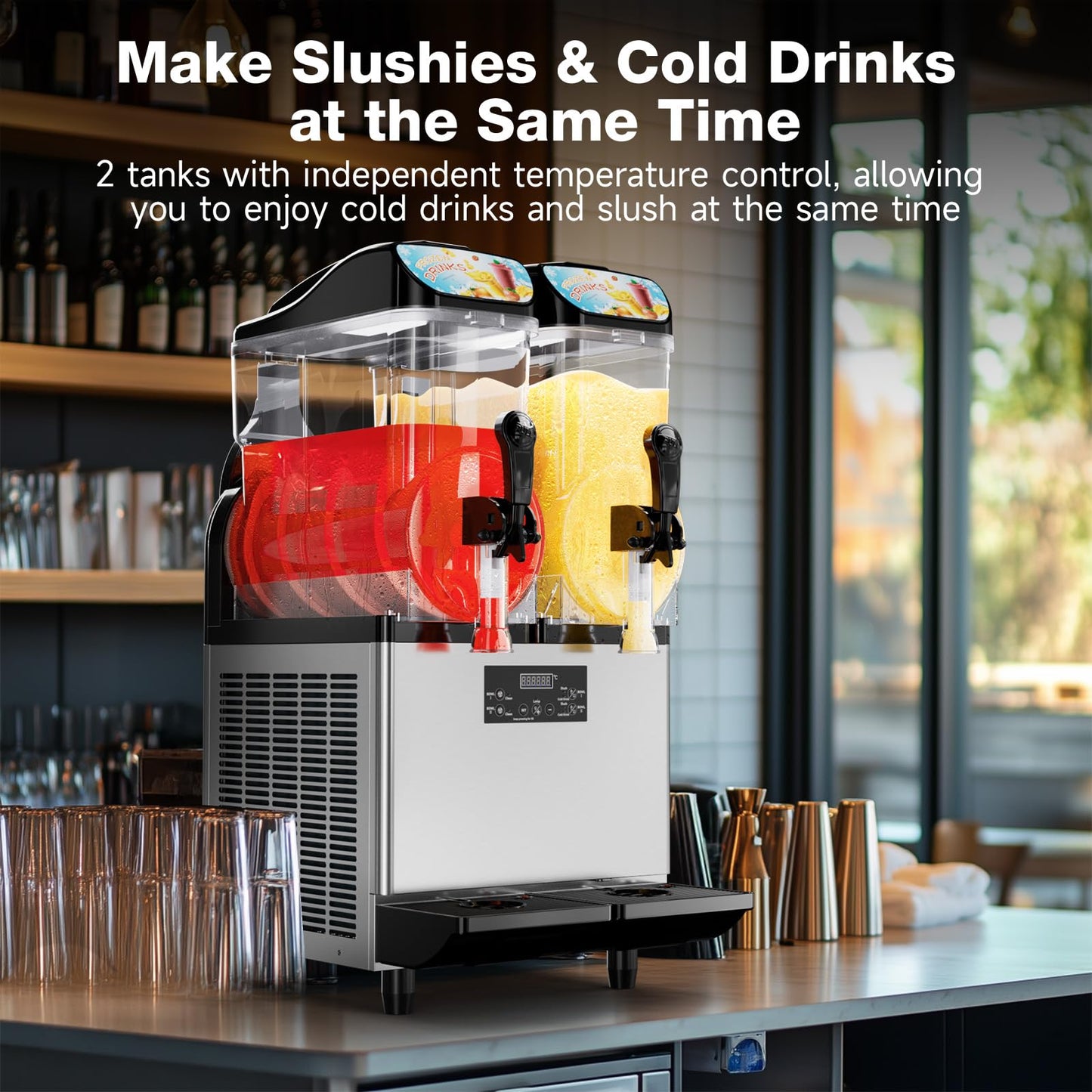 8Gal/30L Commercial Slushy Machine,Independently Control 2 Tank's Temp,5-45 Minutes to Make Margarita & Slushie & Cold Drink,Built-in LED Light,110V Professional Frozen Drink Maker with Self-cleaning