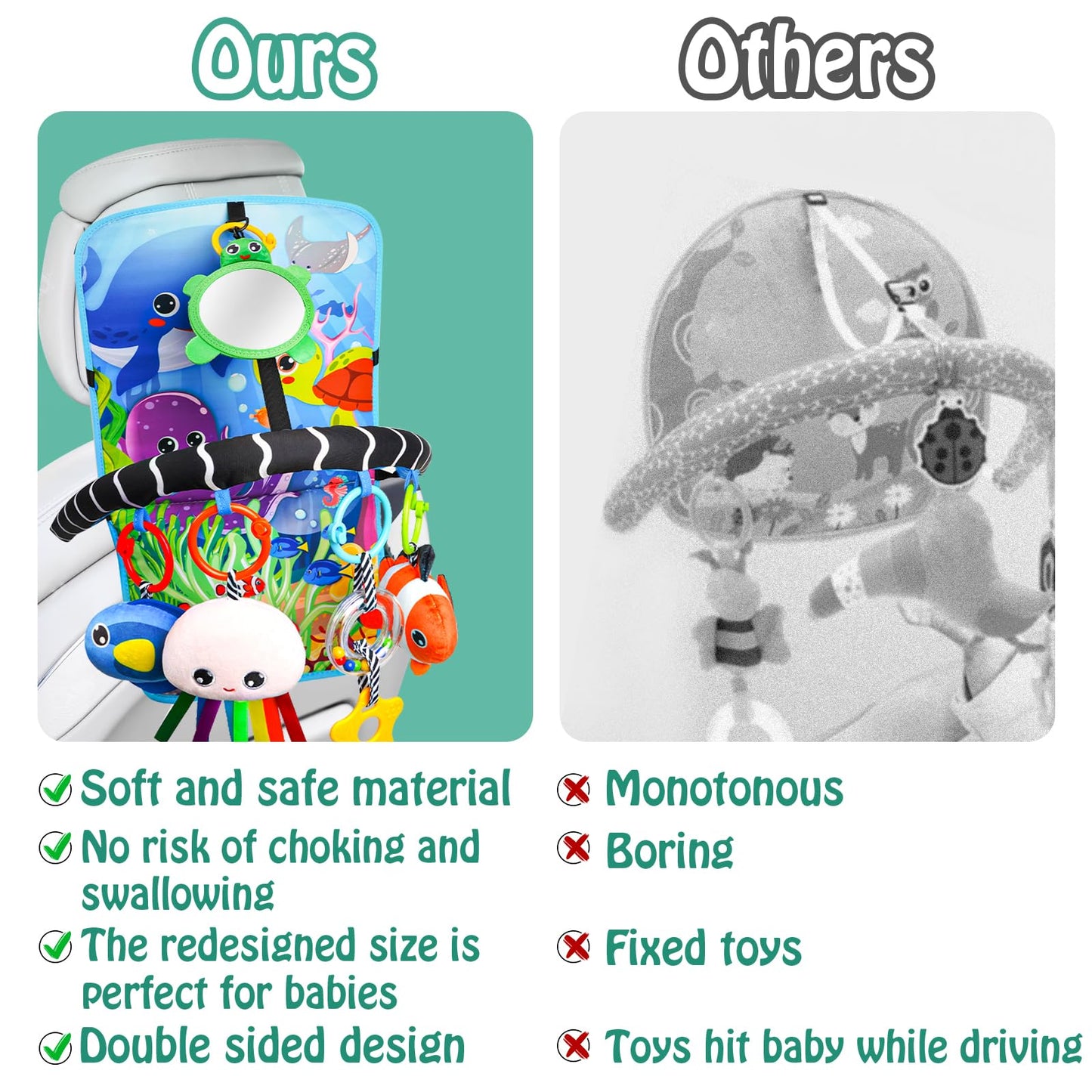 Innofans Baby Car Seat Ocean Animals Toys - Kick and Play Double Sided Infant Car Seat Toys with Plush Toys, Mirror, Teether for Baby Travel Activities, Christmas Birthday Gifts Newborn Infant Toy