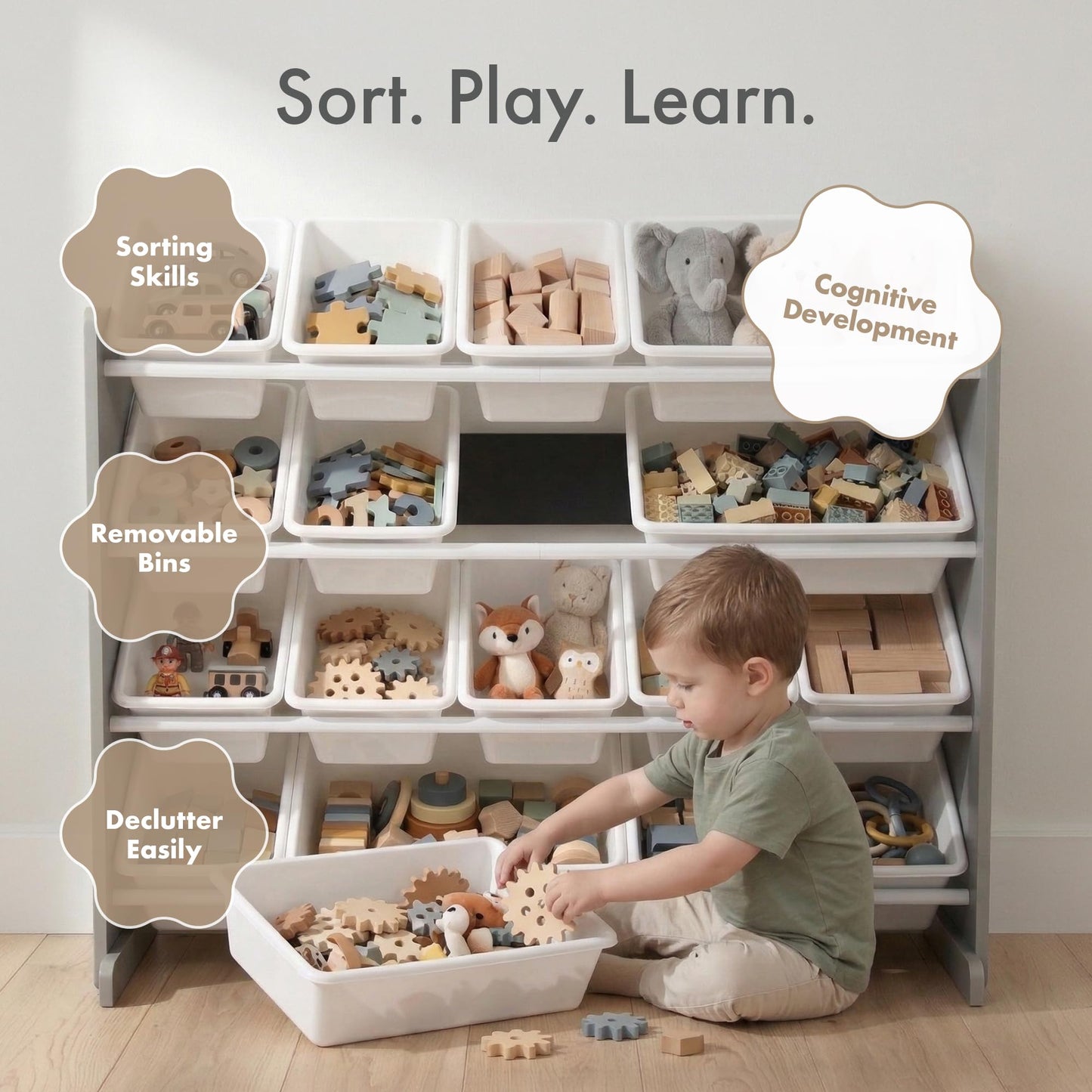 Humble Crew Supersized Toy Storage Organizer with 16 Removable Bins, Grey/White – Large Toy Storage for Toddlers Ideal for Kids' Rooms, Playrooms, and Nurseries - Modern Toy Bins for Kids