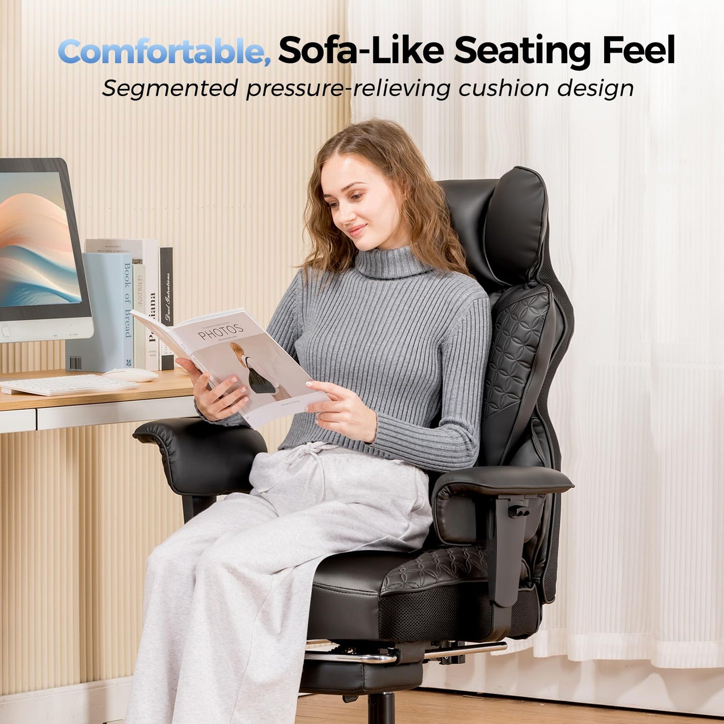 COMHOMA Big and Tall Office Chair Heavy Duty Gaming Chair with Deluxe Embossing Leather High Back Wider Ergonomic Computer Chair with Foot Rest 150°Reclining Pocket Spring Lumbar Support