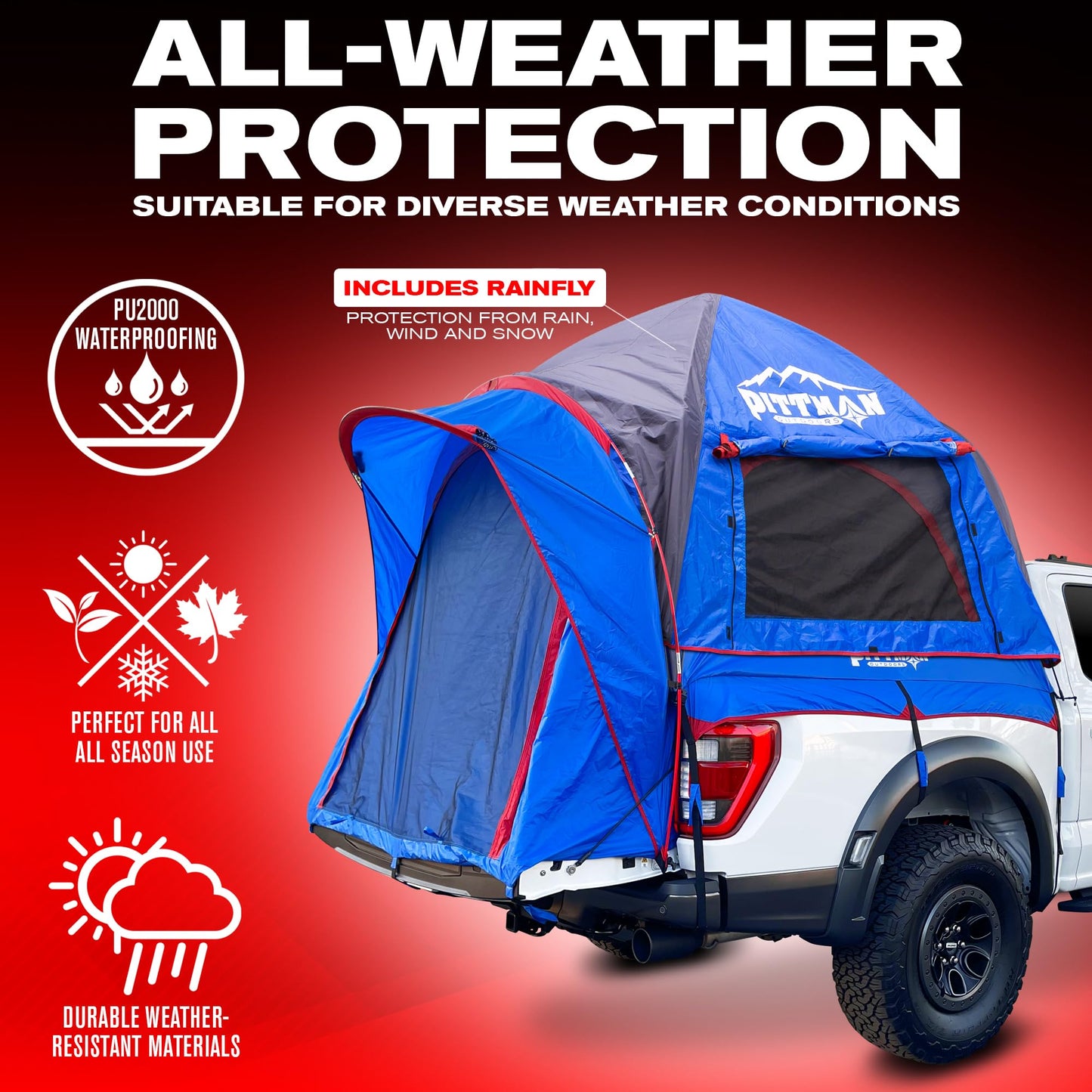 Pittman Outdoors - Truck Bed Tent with EZ-UP Design - Full Size - 5.5 ft-5.8ft Pickup Truck Tent for Camping - Includes Rain Fly, Extra Wide Entry, Oversize Air Mesh & Porch Cover - Truck Bed Camper