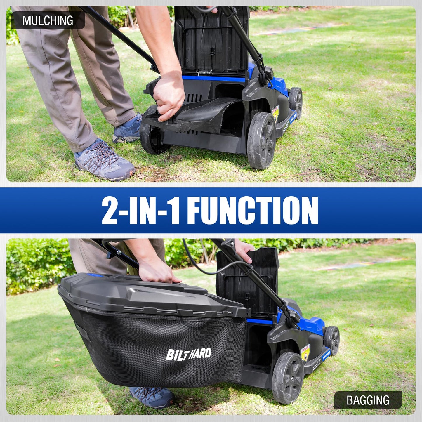 BILT HARD 40V 17" Brushless Cordless Lawn Mower, 2-in-1 Electric Lawn Mower, Push Lawnmower with 6-Position Height Adjustment, 2 x 4.0Ah Batteries & Dual Charger Included