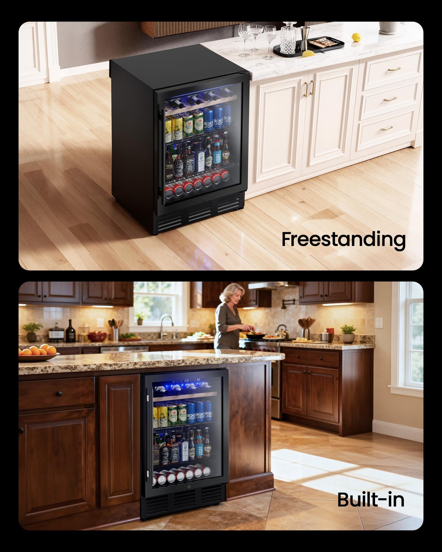 ICEVIVAL 24 In Beverage Refrigerator, 112 Cans & 8 Bottles Wine Fridge with Double-Layer Glass Door, Built-In or Freestanding Wine and Beverage Refrigerator, Under Counter Fridge for Home/Bar/Cafe