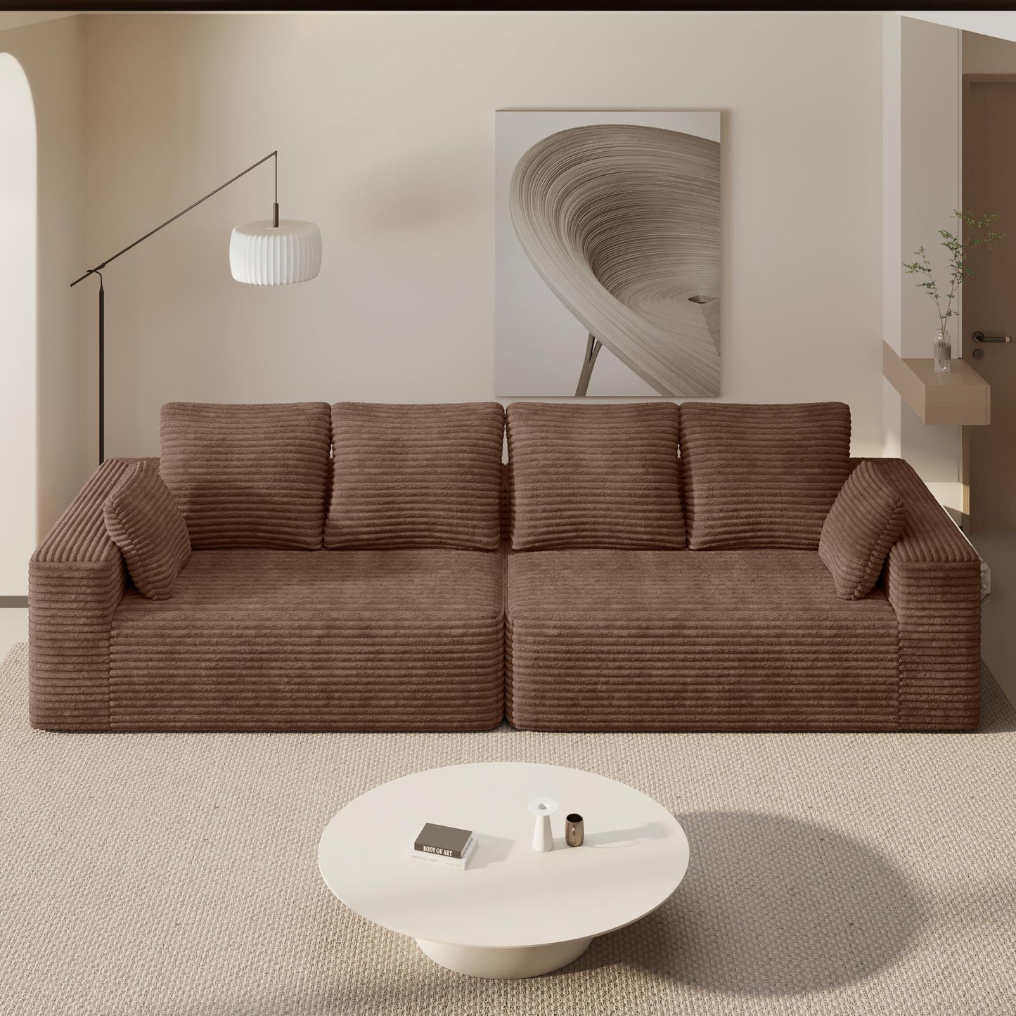 WJShome 134” Modular Sectional Cloud Couches, Upholstered Deep Seat Boneless Sofa for Living Room, Aprartment, No Assembly Required, Brown