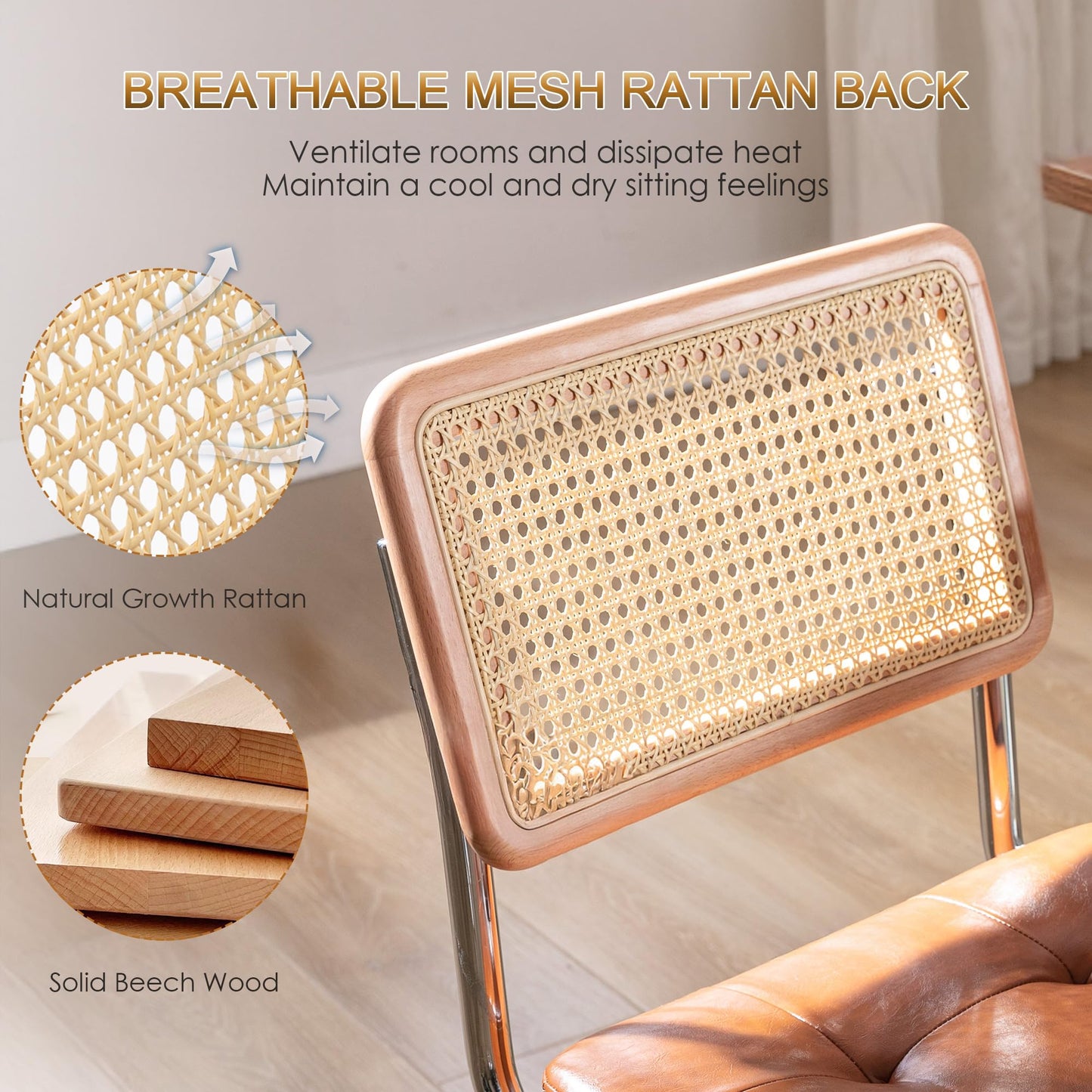 Zesthouse Mid Century Home Office Chair Leather Desk Chair with Rattan Back, Vanity Chair for Girls Women, Upholstered Swivel Chair, Adjustable Height Computer Task Chair