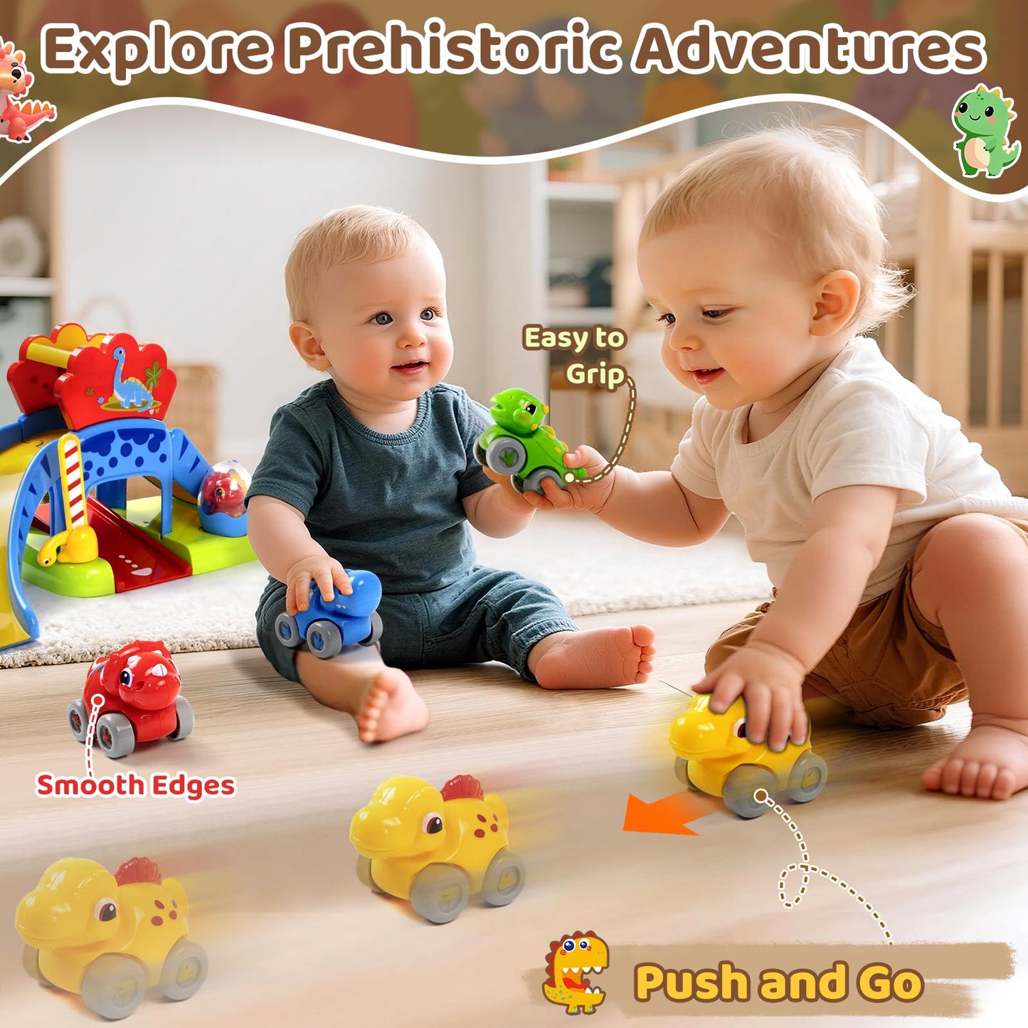 Marstone Toddler Toys 1 2 Year Old Boy Gifts: Dinosaur Slide with 4 Animal Cars Educational Baby Toys 12-18 Months, First 1st Birthday Gifts for Kids, Girls, Push Car Race Track for Toddlers 1-3