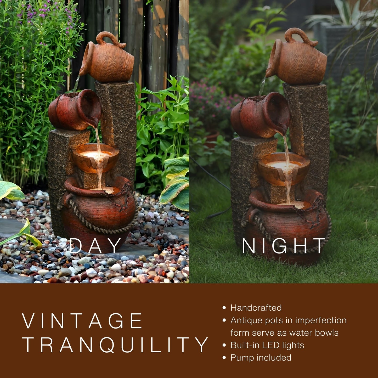 LuxenHome Outdoor Water Fountain, 32 Inch Farmhouse Water Fountain Outdoor with Lights, Cascading Pitchers Po Indoor and Outdoor Fountains and Waterfalls, Garden Water Feature Decor