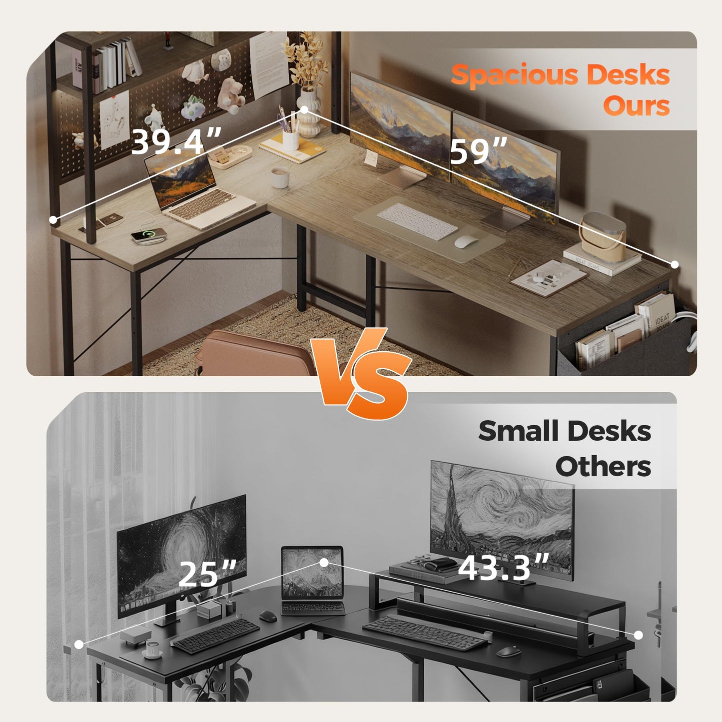 Mericonia 59 inch Large L Shaped Desk with Pegboard Hutch & Shelves, Corner Gaming Desk with Power Outlet, LED Light & Storage Bag, Reversible Computer Desk for Home, Bedroom, Office Workspace, Grey