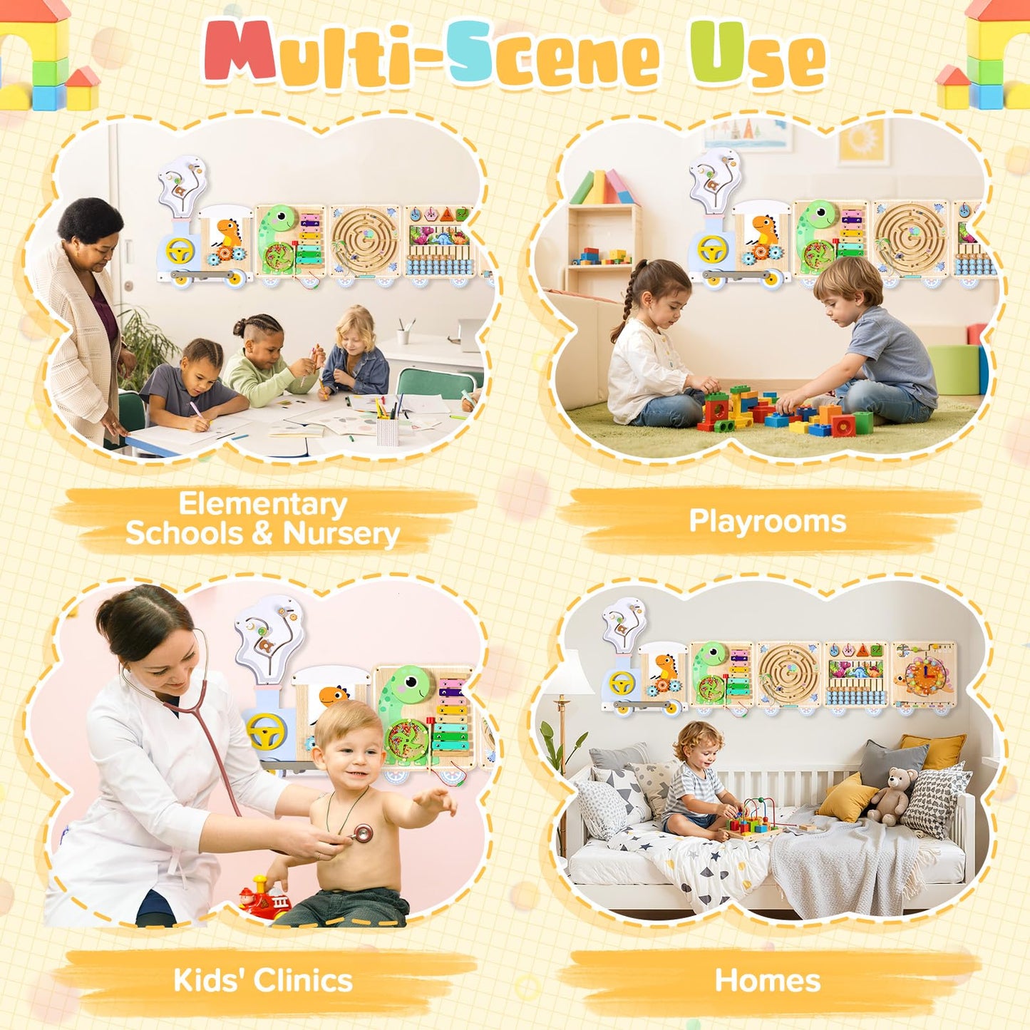 QIESIDM Train Activity Wall Busy Board,Wooden Montessori Sensory Toys,15-in-1 Sensory Wall Panel for Kids, Toddler Educational Toys for Playroom,Preschool,Daycare,Nursery,Classroom