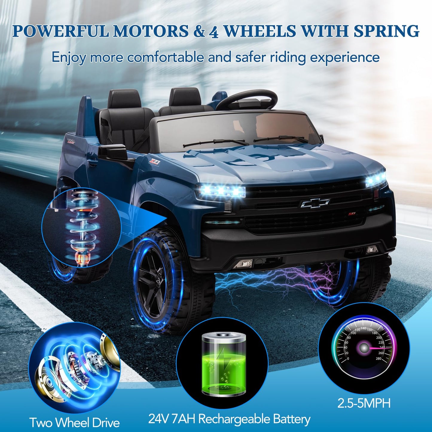 GarveeLife 24V 2-Seater Truck Licensed Chevrolet Silverado Ride On Car Kids Toy, Electric Vehicle Car for Toddlers with Parent Remote Control, Blue