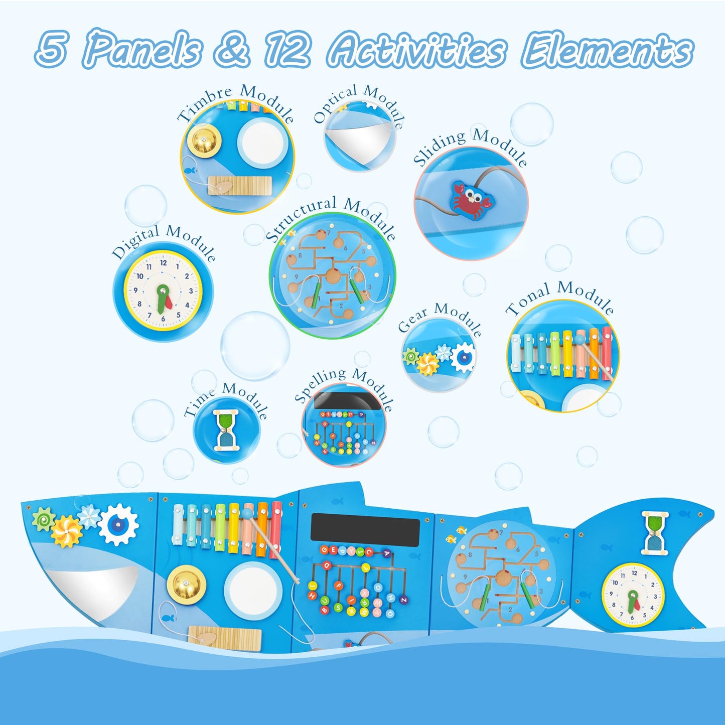 Shark Activity Wall Busy Board Panels,Busy Board for Toddlers Montessori Sensory Toys Wall Mount Wooden Learning Toy Ideal Furniture for Playroom & Children's Daycare