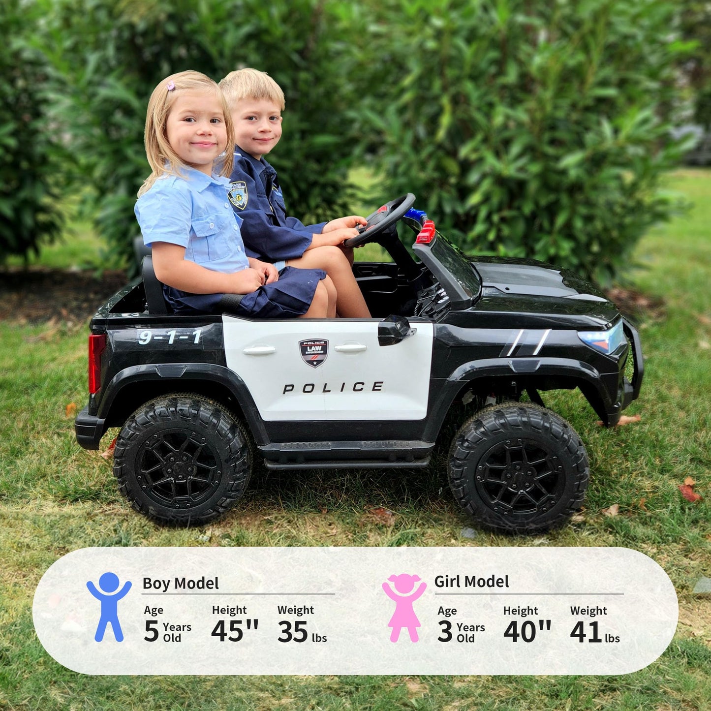 Hikiddo Electric Police Car for Kids 2 Seater, 24V 10AH Ride on Toy for Big Kids with Remote Control, 4x200W Motors, 5mph Max Speed - Black