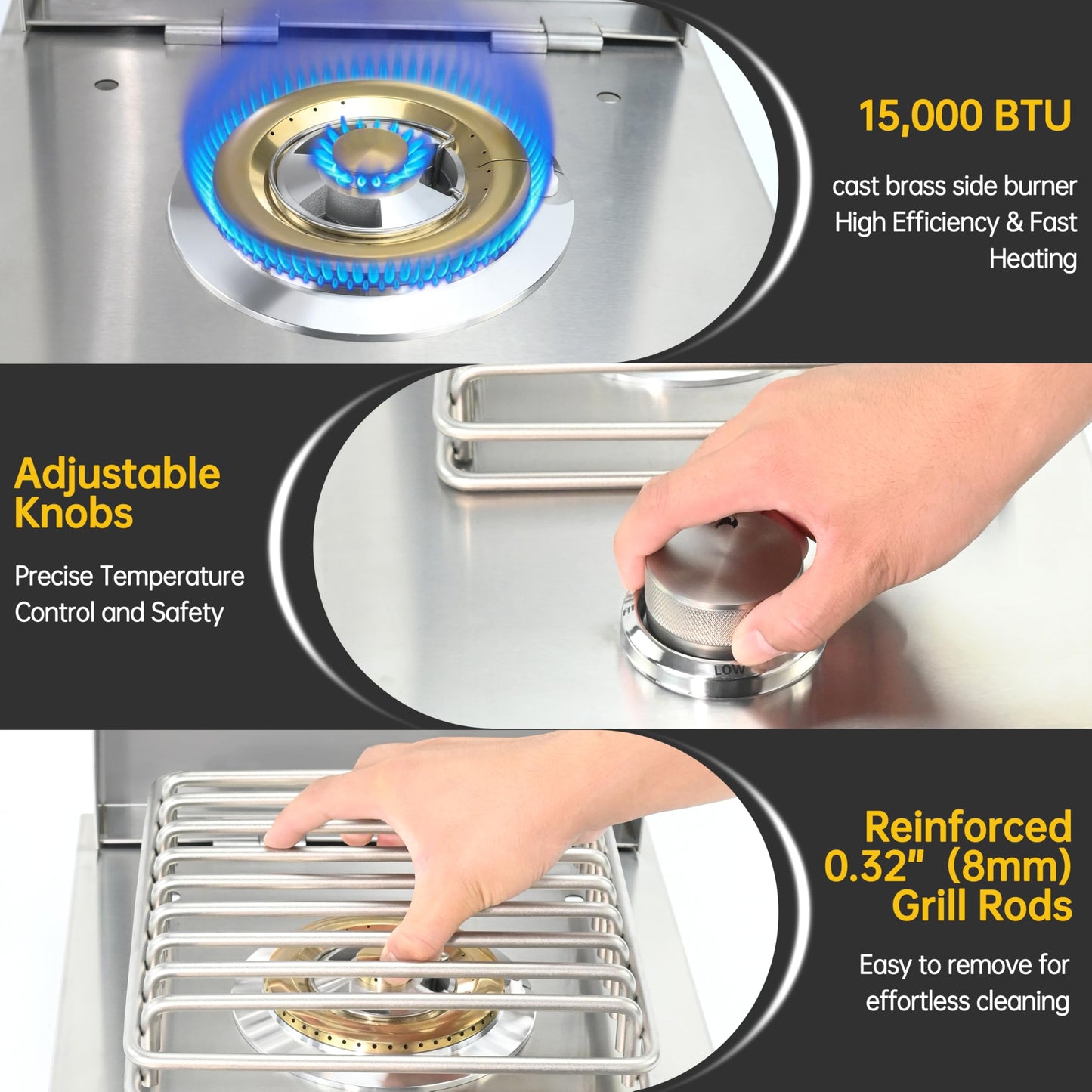 Qualipo Single Grilling Side Burner, 15,000BTU Liquid Propane for Outdoor Kitchen, Heavy-Duty 304 Stainless Steel, Convertible to Natural Gas, Built-in Single Side Burner for BBQ Grill Island