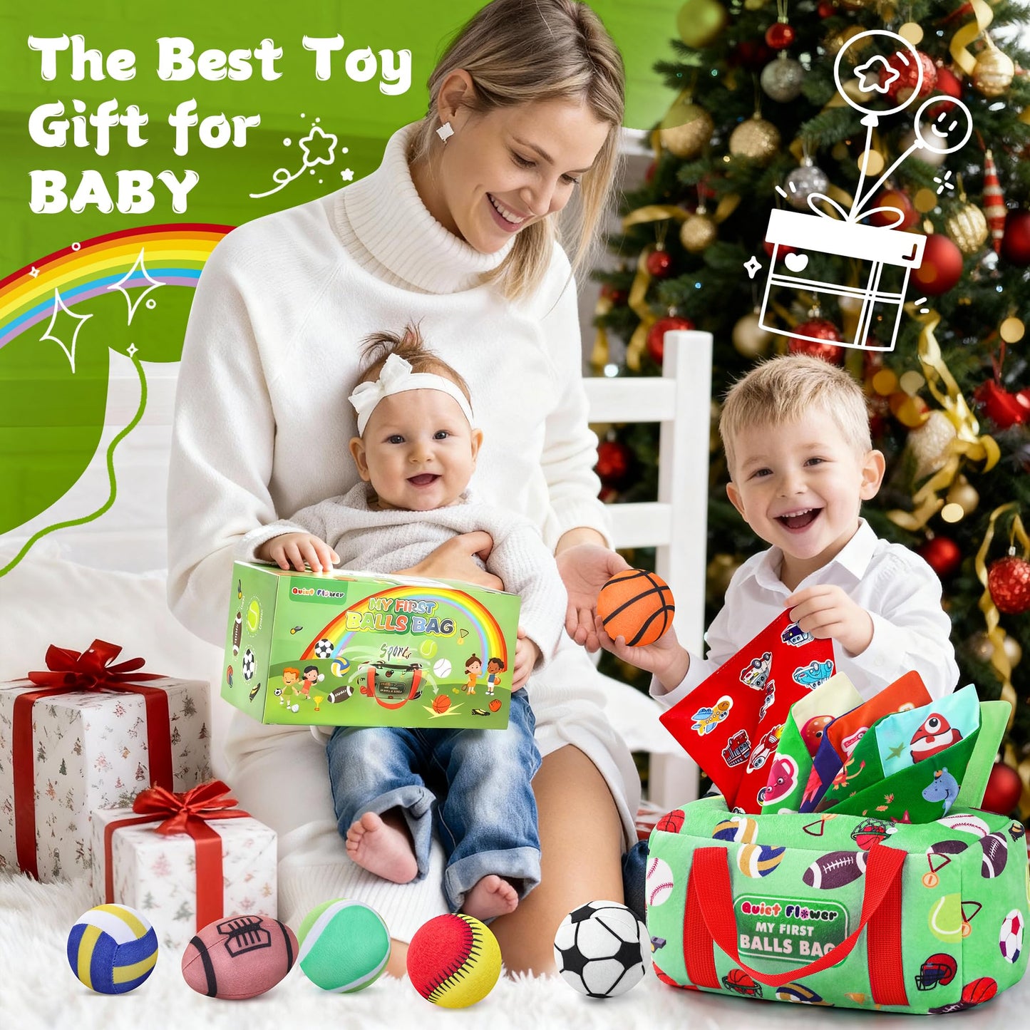 My First Sports Bag 6-12 Months Baby Tissue Box Toy, 17pcs Montessori Sensory Set: Plush Ball, Crinkle Paper, Scarves & Mirror, Squeaky Fine Motor 1 Year Old Infant Toddler Gifts Easter Basket Stuffer