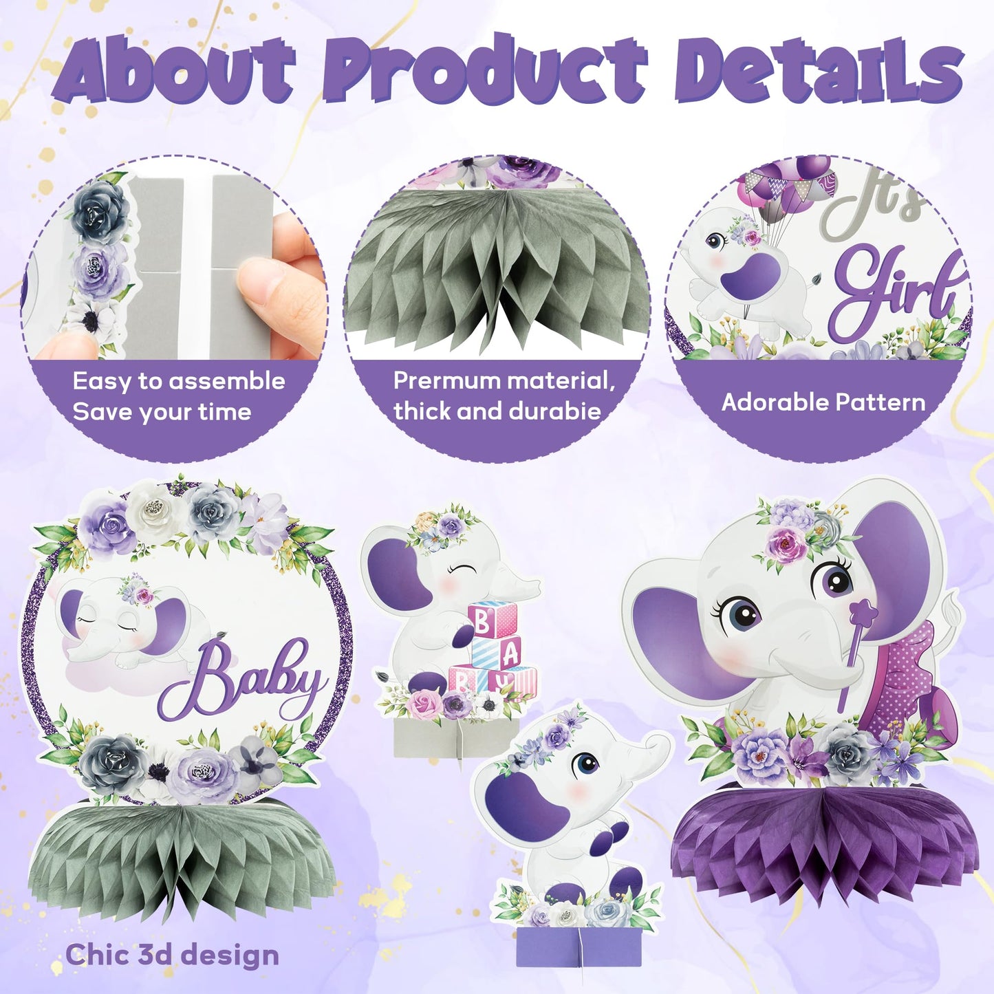 12 Pcs Purple Floral Elephant Honeycomb Centerpieces - Girl Baby Shower Party Table Decorations - Welcome Baby Party Table Toppers - Photo Props Decor