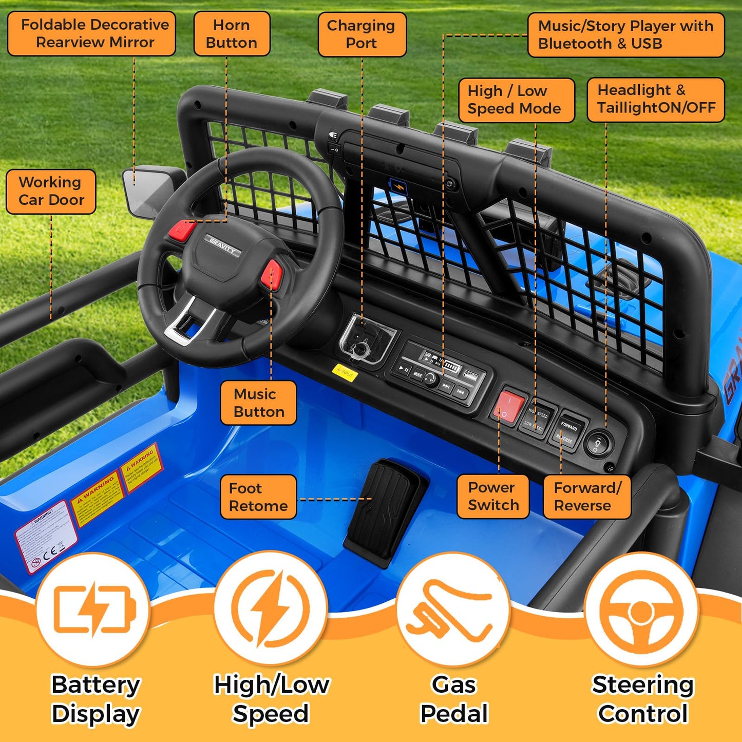 Hikole 24V 2 Seater Ride On Car for Kids with Remote Control, 4X4 400W XL Power Truck Wheels with 20" Wide Seat, Soft Start, 3 Speeds, Music, Bluetooth, 24 Volt Ride On Toys for Girls Boys 3-8, Blue