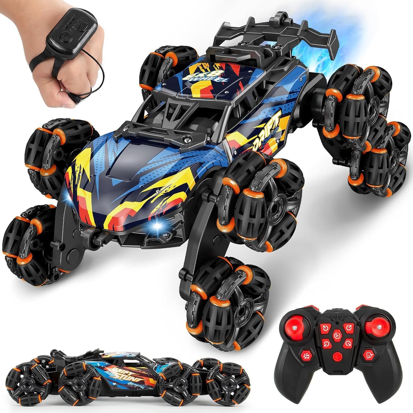 8 Wheels Hand Controlled RC Stunt Car Toys for Kids Ages 6 7 8-12 13 14 Year Old - 2.4Ghz Gesture Sensing Remote Control Cars for Boy Girl Birthday - Cool Spray & Lights & Music Climbing Stunt