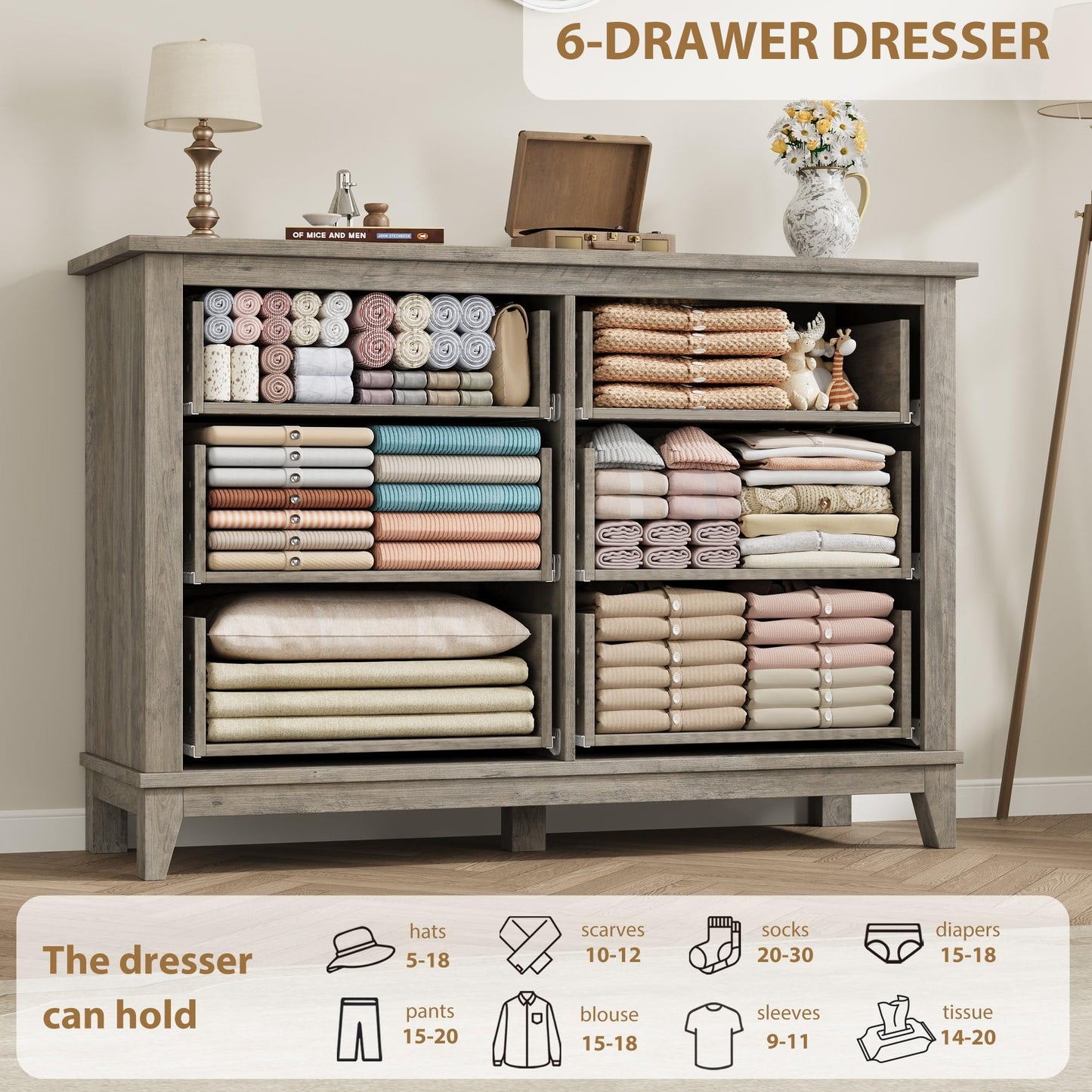GarveeHome 6 Dresser for Bedroom, 47 in Wide Drawer Dresser with Storage Freestanding, Wooden Closet Storage Chest for Living Room, Bedroom, Entryway, Ash Grey