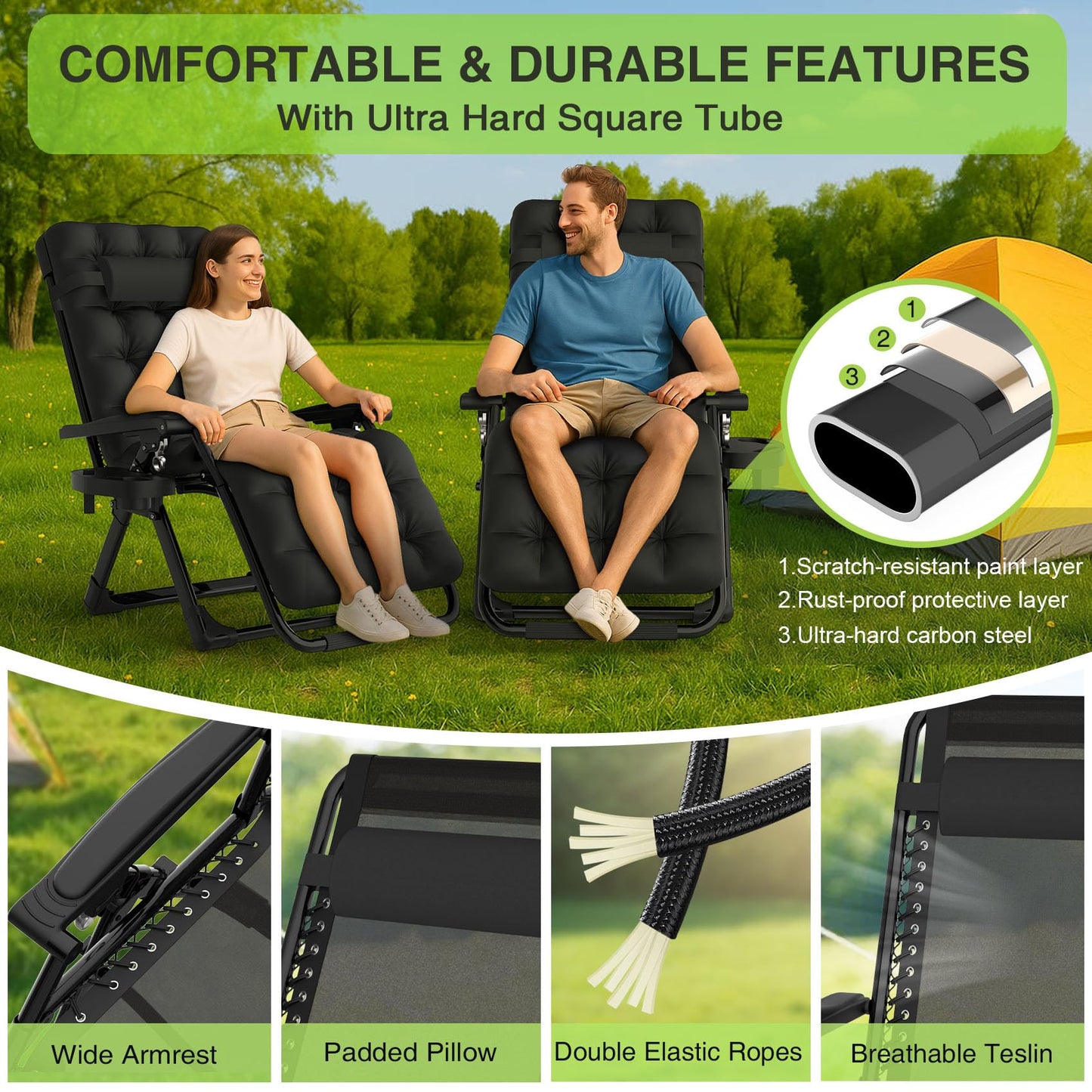 Suteck Zero Gravity Chair Set of 2, Reclining Camping Lounge Chair w/Removable Cushion, Upgraded Lock and Cup Holder, Reclining Patio Chairs Folding Recliner for Indoor and Outdoor