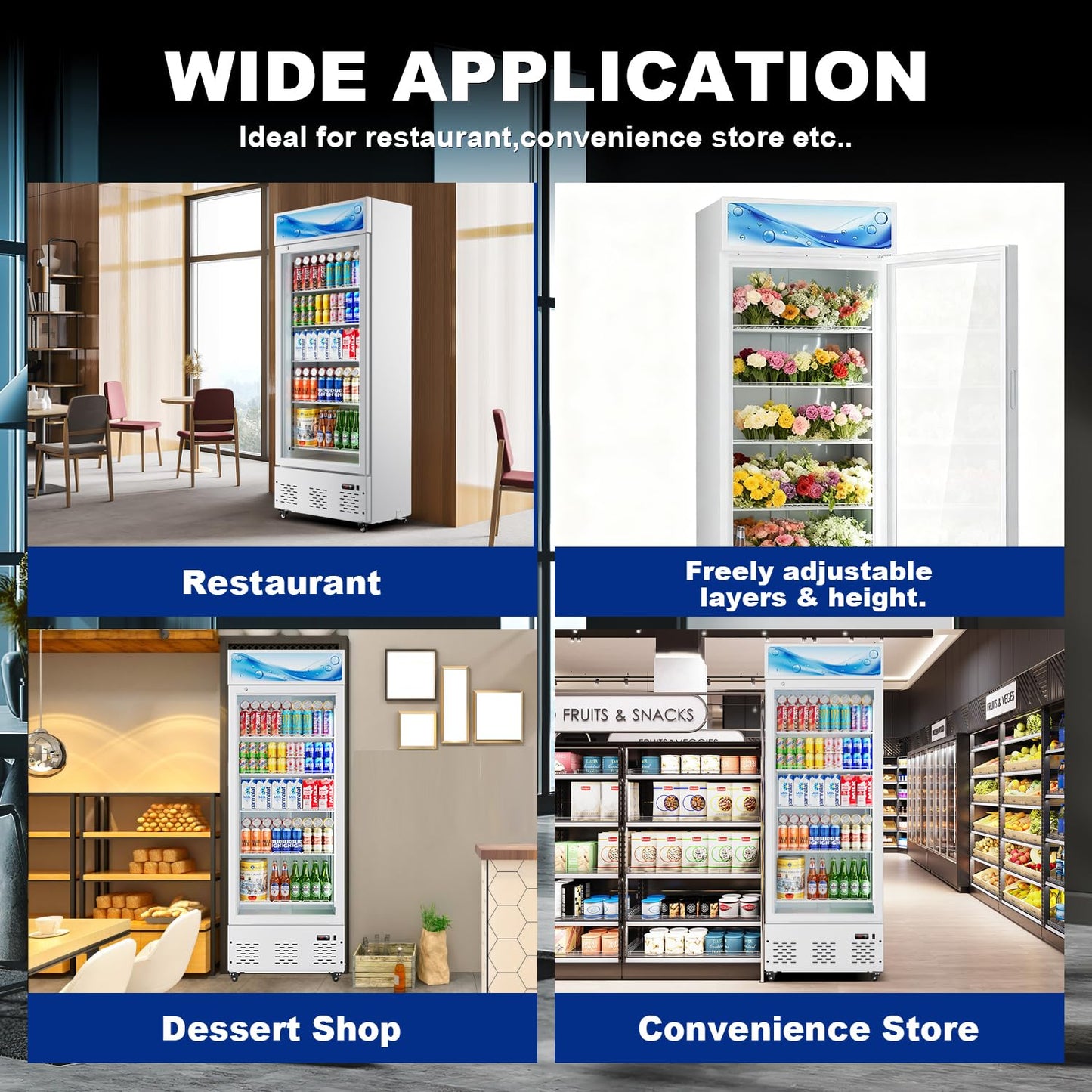 ECEVT 26.8'' W Commercial Beverage Fridge, 15 Cu.ft. Merchandiser Refrigerator Glass Door Upright Display Cooler with LED Light and Adjustable Shelves for Restaurant Grocery Stores Home, White