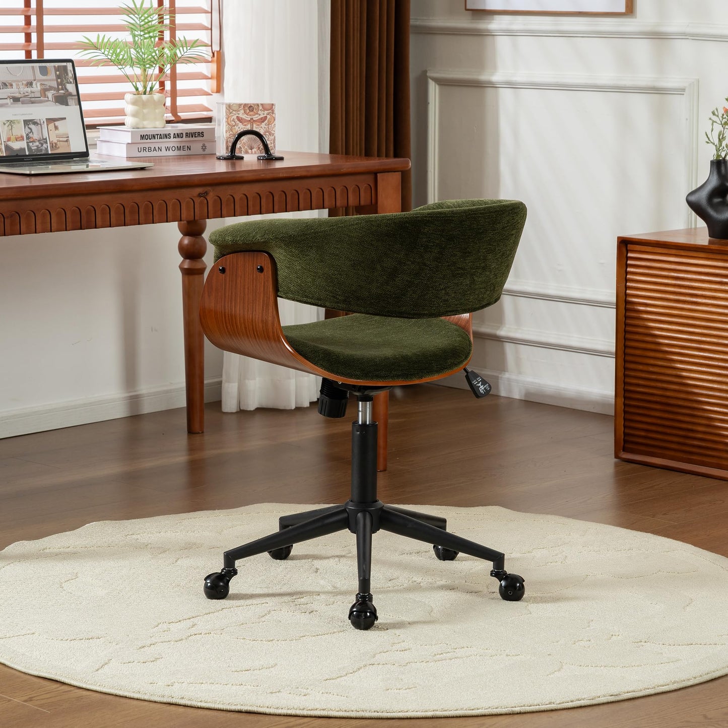 ROHASID Modern Home Office Chair, Comfy Computer Desk Chair with Wheels, Height Adjustable, Rolling, Swivel Fabric Task Chair with Ergonomic Curved Back for Bedroom, Office, Vanity, Green