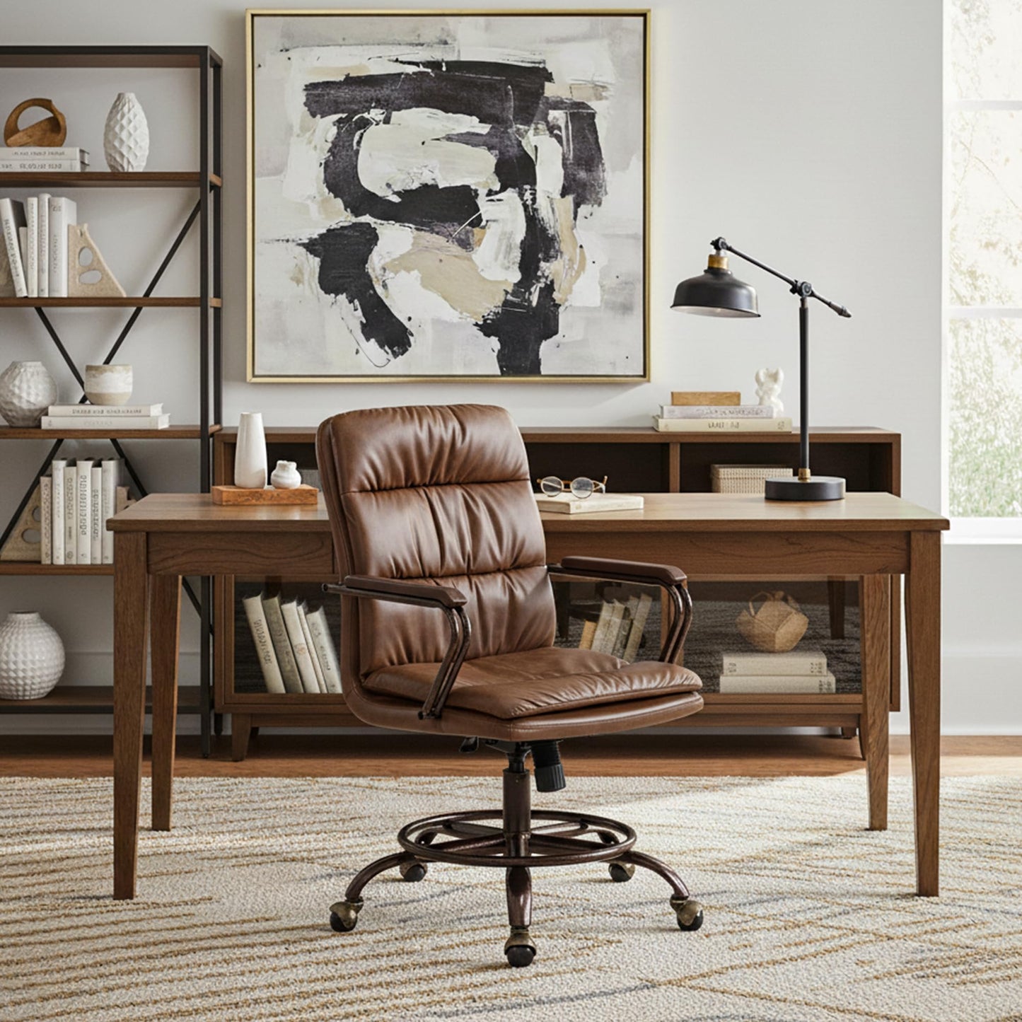 EUREKA ERGONOMIC Mid-Century Vintage Office Chair, Faux Leather Executive Desk Chair with Unique Ball Casters and Fixed Footrest Ring, Brown Retro Swivel Chair for Home Office and Study, Brown