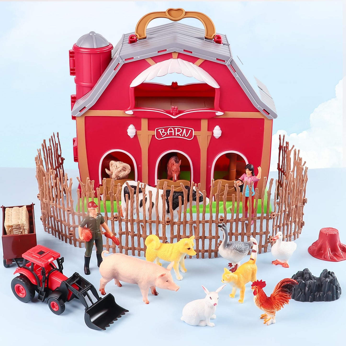 EnAuRoL Red Barn Farm Animals Toys, 28PCS Animals Figures and Farm Tractor Playset, Educational Learning Toys for Toddlers and Kids 3 4 5 Year Old Boys and Girls Birthday Festival Gift