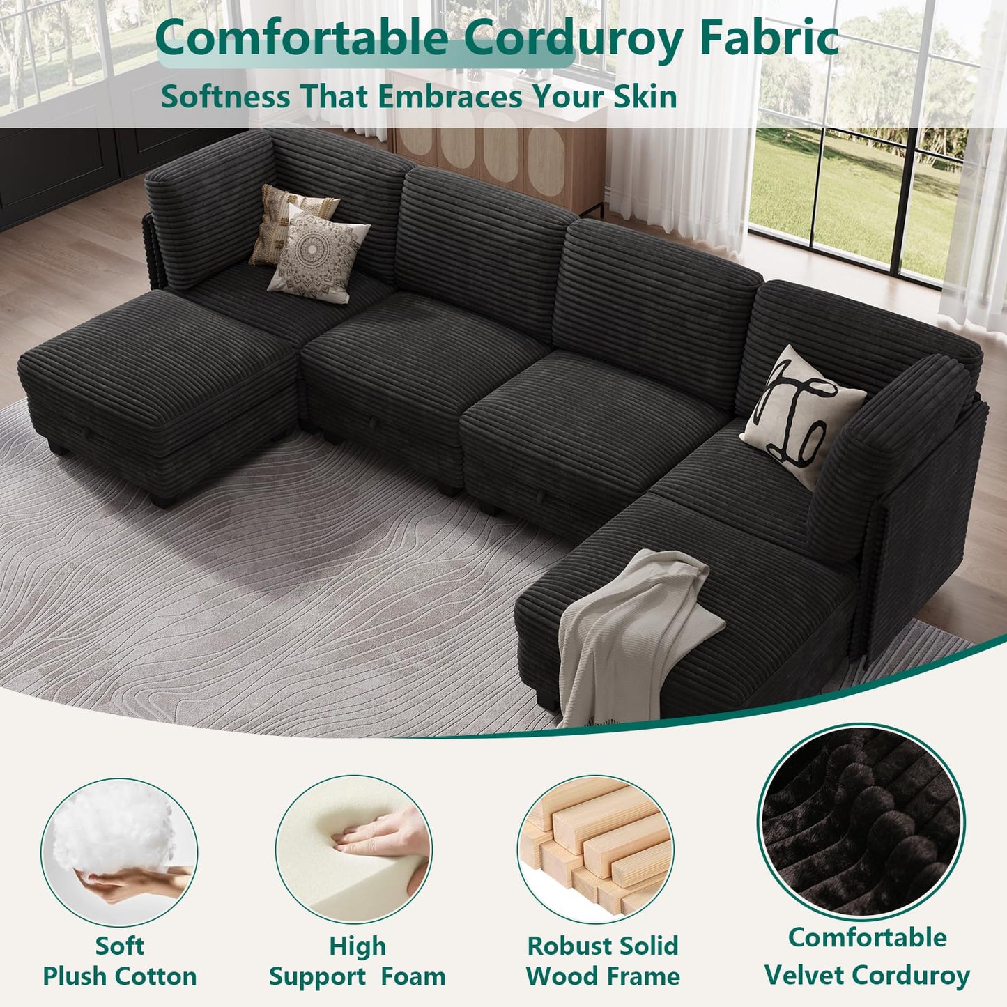 OhaiAura Modular Sectional Sofa with Adjustable Backrest, Convertible L/U-Shaped Sleeper Couch for Living Room, Cloud Sofa Bed Modern Reversible Design, Black