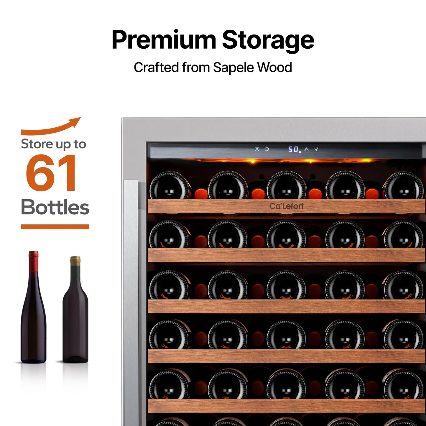 Ca'Lefort 24 Inch Wine Fridge, 61 Bottle Wine Cooler Refrigerator, 40-65°F Wine Refrigerator Glass Door, 3 LED Wine Fridge, Built-in or Freestanding Fridge for Home/Bar/Kitchen (5.65 cu.ft)