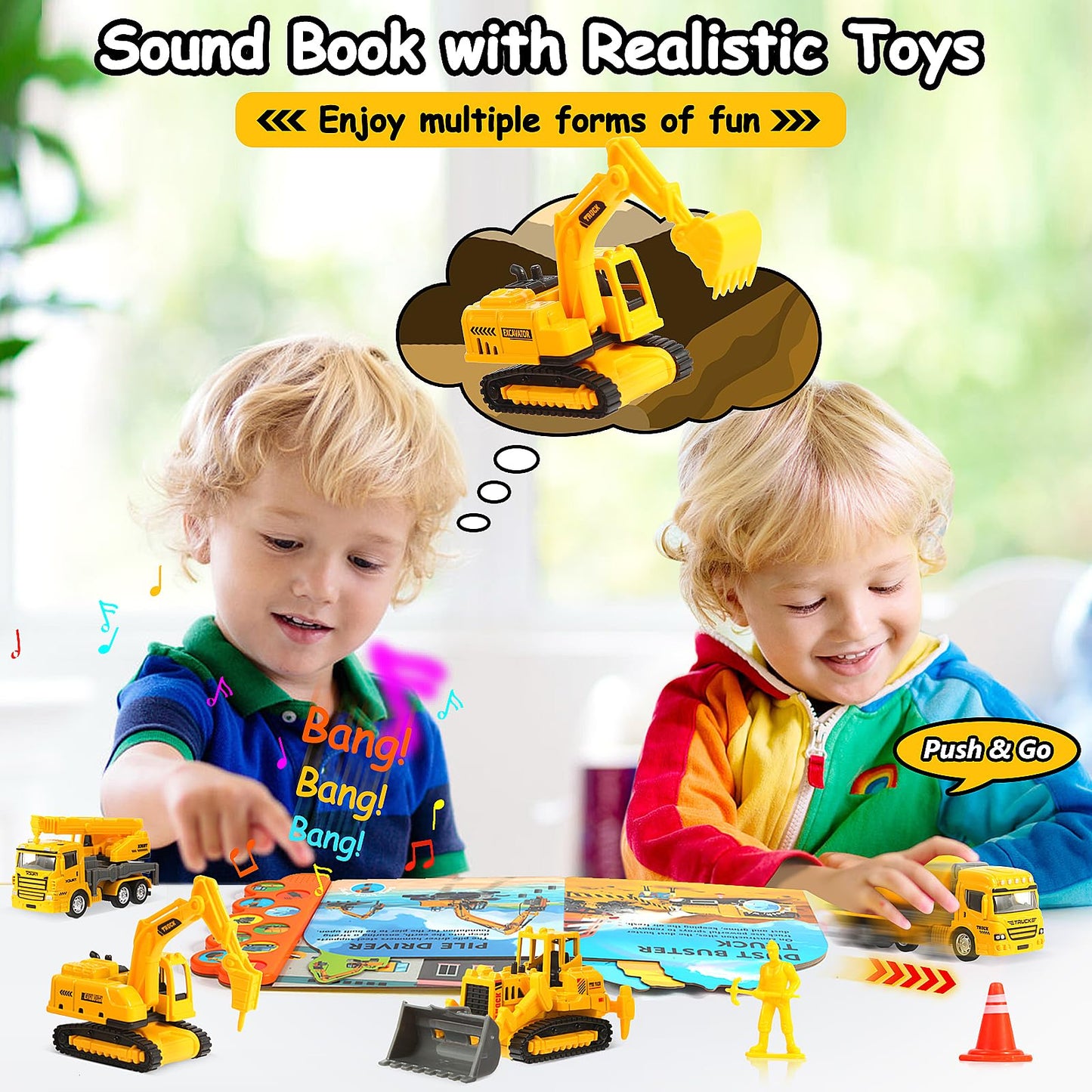 iGRATENS Construction Toys with Sound Books - Dig It! Dump It! Build It! Construction Board Book with 10 Buttons & 20 PCS Toys for 3+ Year Old, Great for Little Alloy Truck Lovers Kids