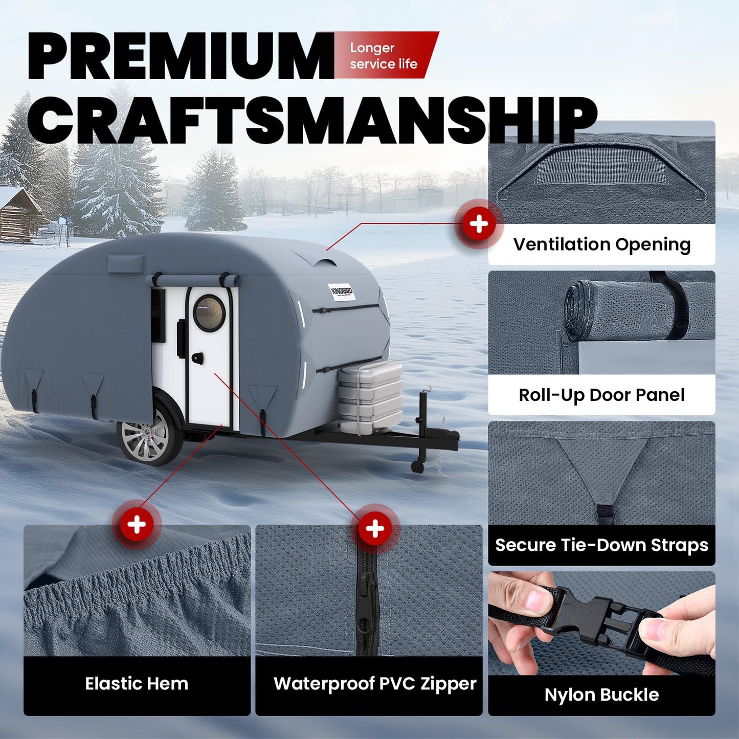 KING BIRD Heavy Duty Teardrop Travel Trailer Cover Fits 10'-12' Trailers, 5 Layers Top Waterproof Camper Cover with Windproof Strap for R-Pod Trailers, Clamshell Trailers