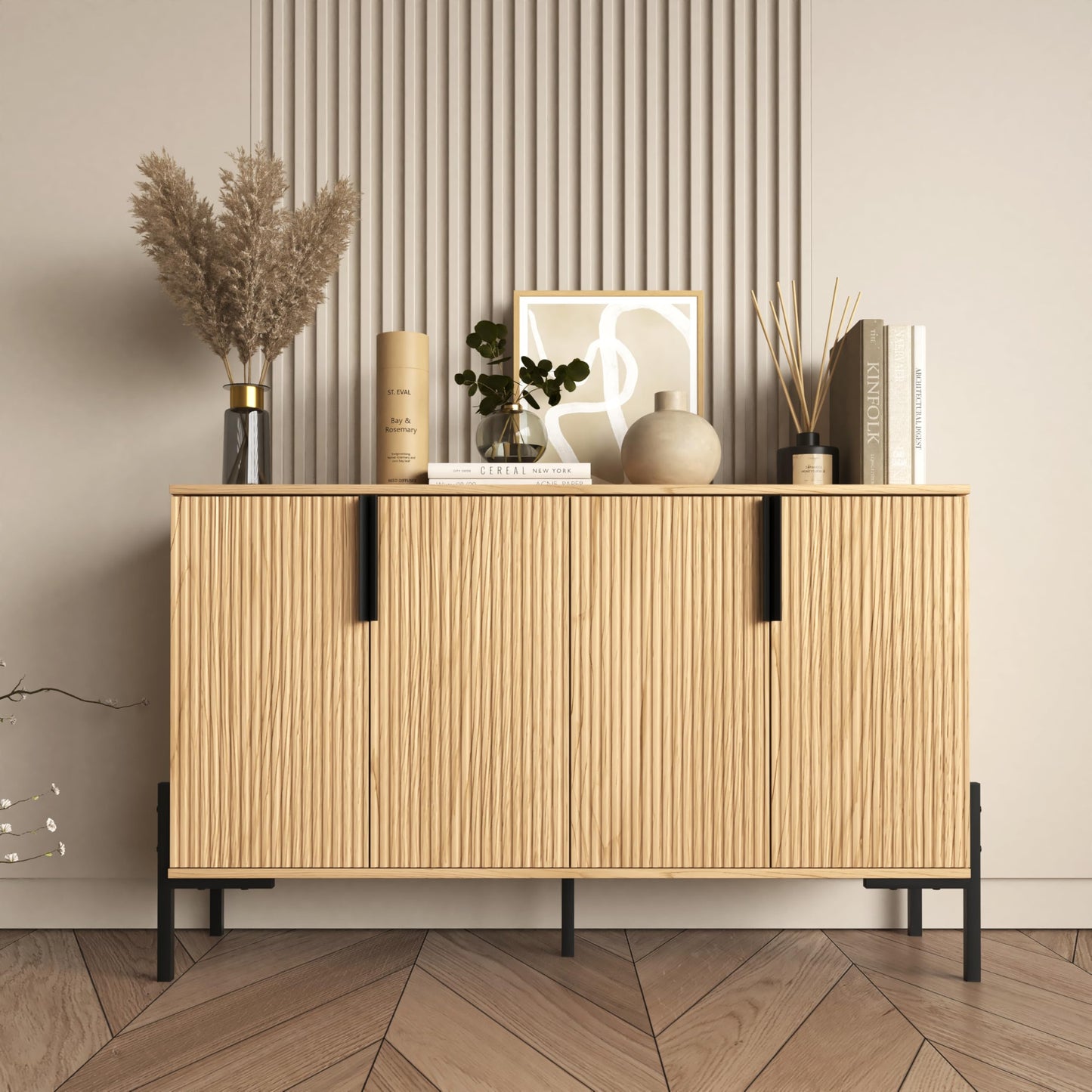 ALBSL 4 Doors Sideboard Buffet Cabinet with Adjustable Shelves, Modern Accent Sideboard with Golden Legs, Wide Storage Cabinet for Kitchen, LivingRoom,Natural