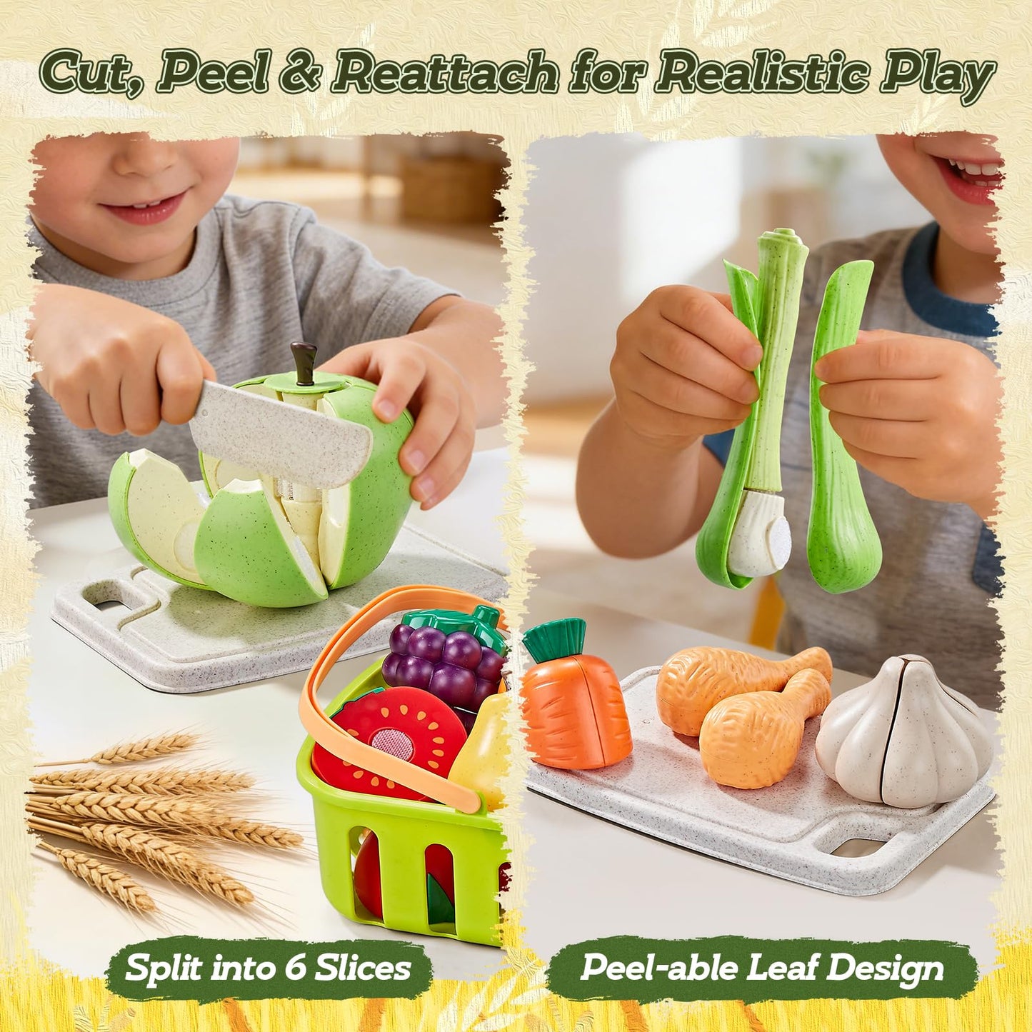 LAUGIGLE 86Pc Wheat Straw Play Food for Kids Kitchen-Toy Food with 2 Baskets & Picnic Blanket, Realistic Cutting Pizza, Grocery Cans, Pretend Play Kitchen Accessories & Toddler Toys for Boys Girls 3+