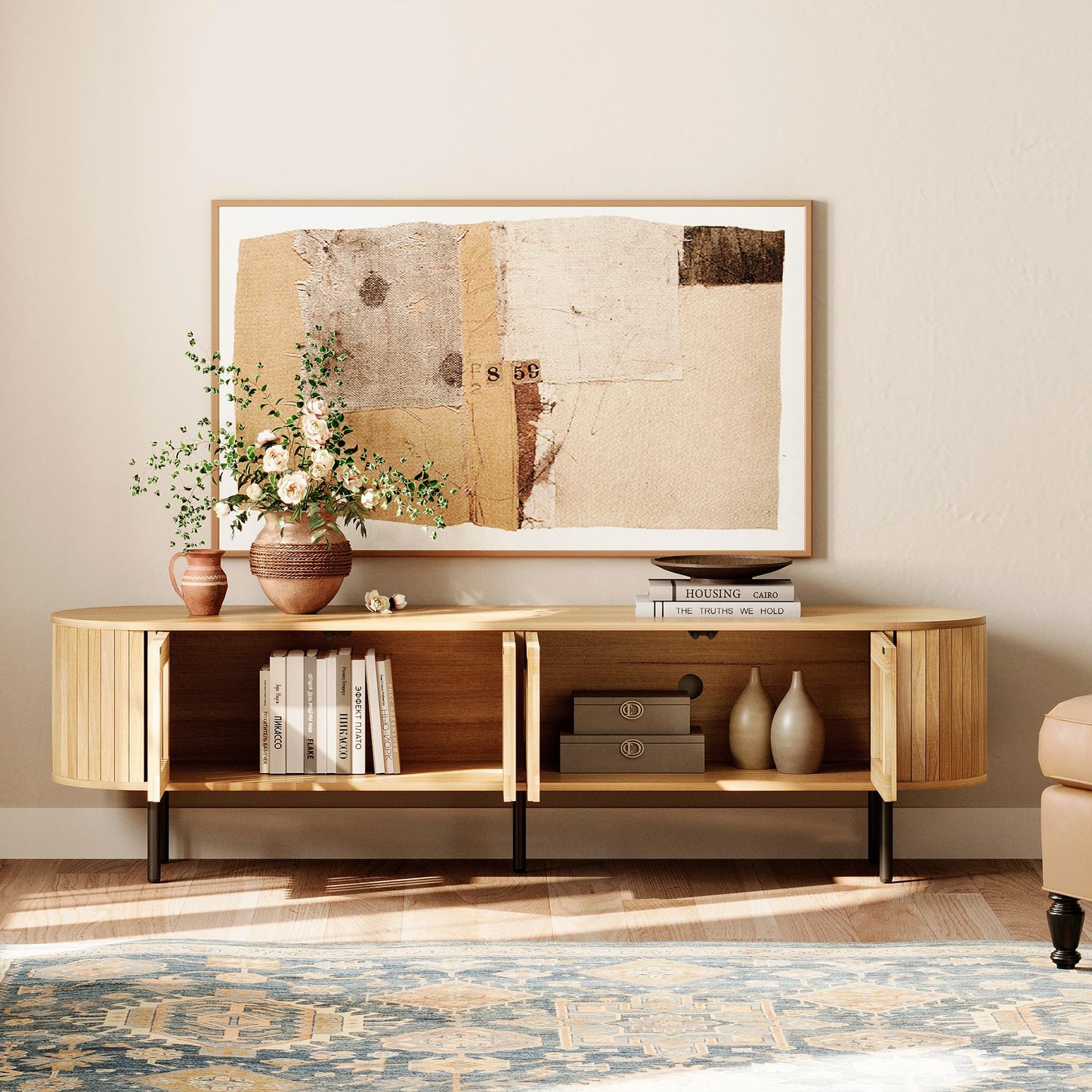 WAMPAT Fluted TV Stand,Wood Media Console for TVs up to 75”,Curved Round Edge Entertainment Center with Pop-Up Doors and Storage for Living Room Bedroom,Natural Oak