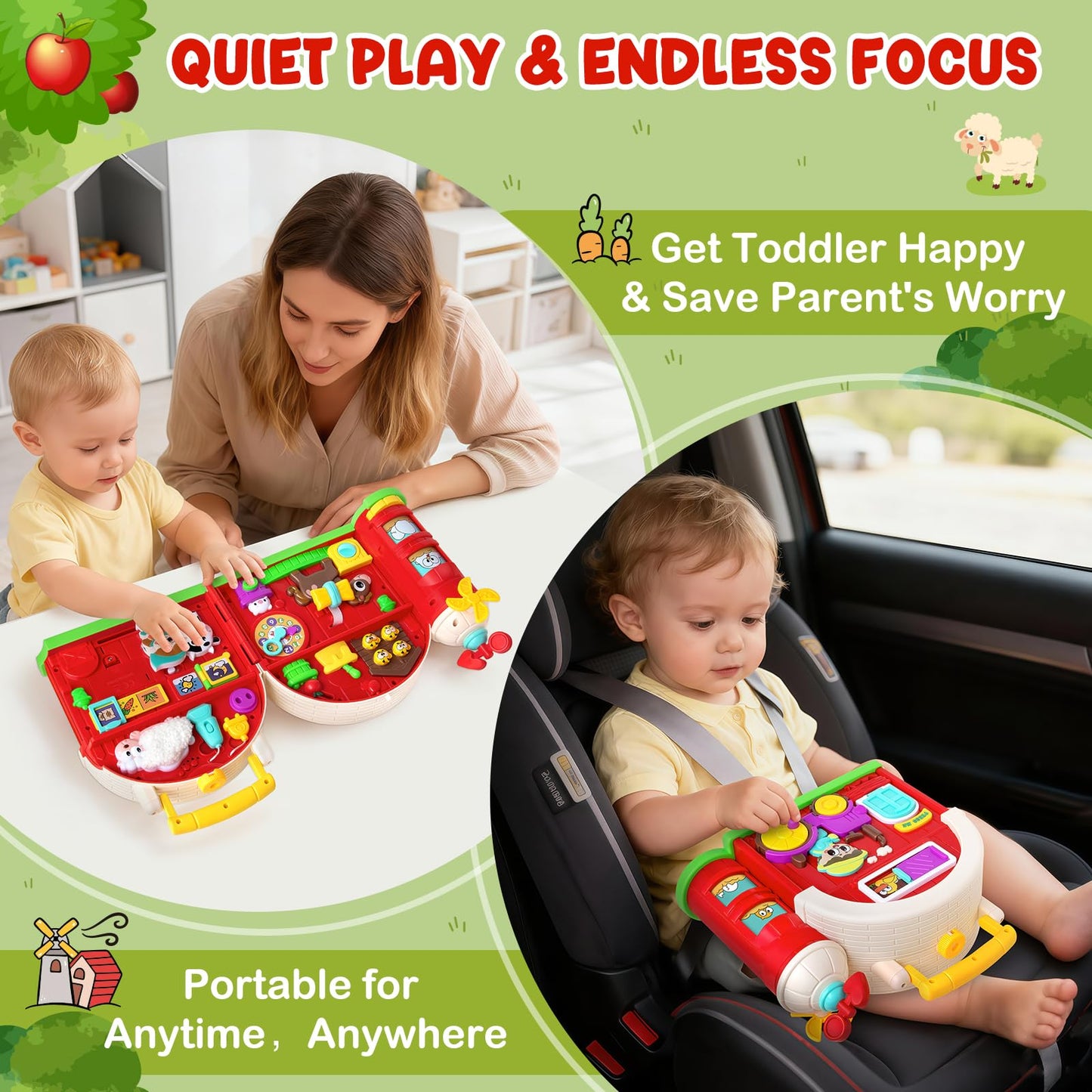 Montessori Farm Busy Board, Motor Skills Developmental Toys for 1 2 Year Old Boy Girl Gifts, Early Educational Toy for Toddlers 1-3, Christmas Birthday Gift for 12-18 Months, Sensory Board Toy for 1+