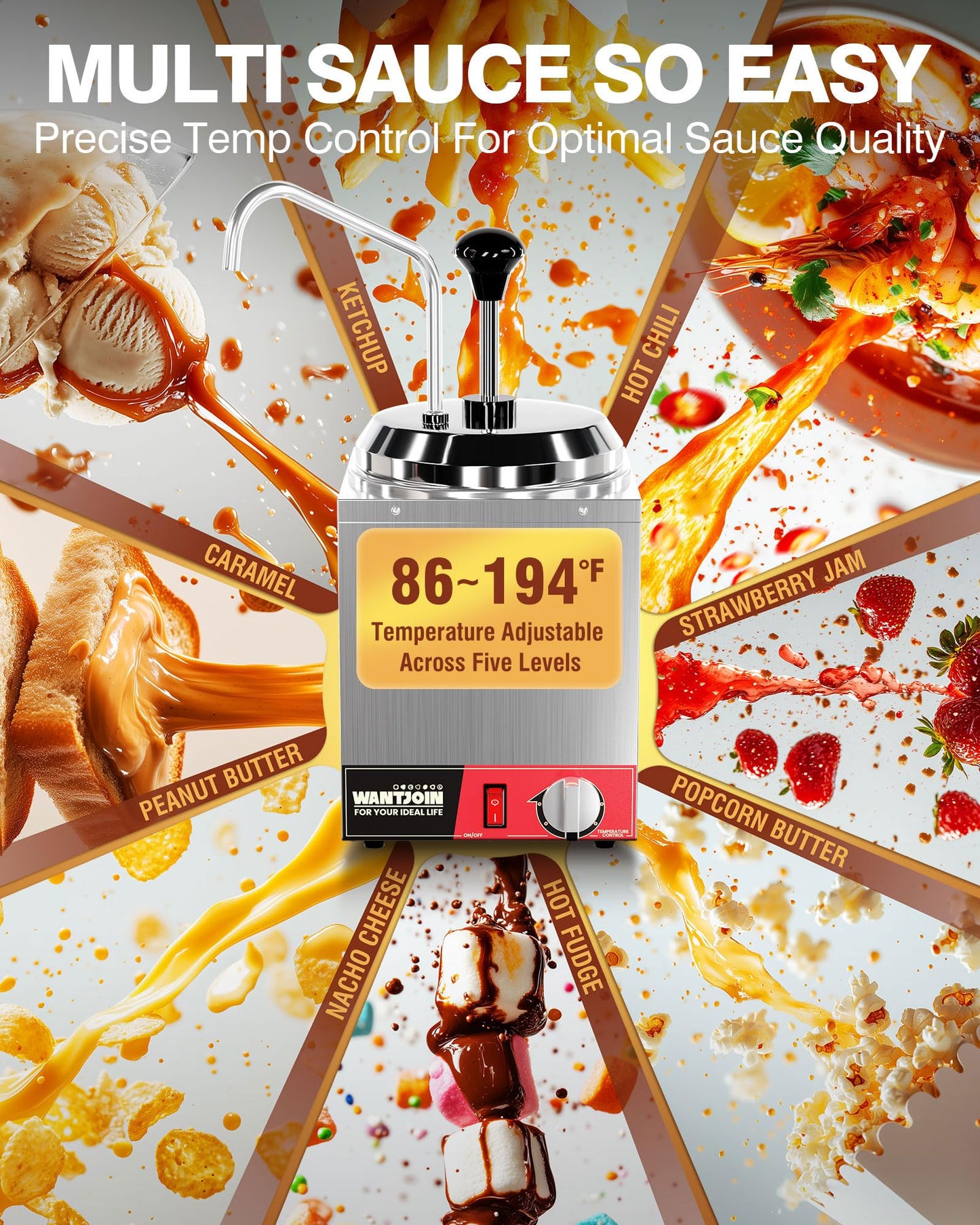 WantJoin Nacho Cheese Dispenser with Pump - 2.8Qt Cheese w/Warmer Stainless Steel Pump Hot Fudge Warmer 86-185°F Temperature Control, Commercial Nacho Cheese Warmer Dispenser for Hot Fudge Caramel